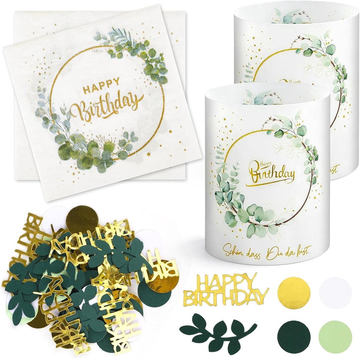 Confetti verjaardags tafeldecoratie 100 stuks - 40 servetten met eucalyptus - 12 lantaren met tekst - ShopVlot