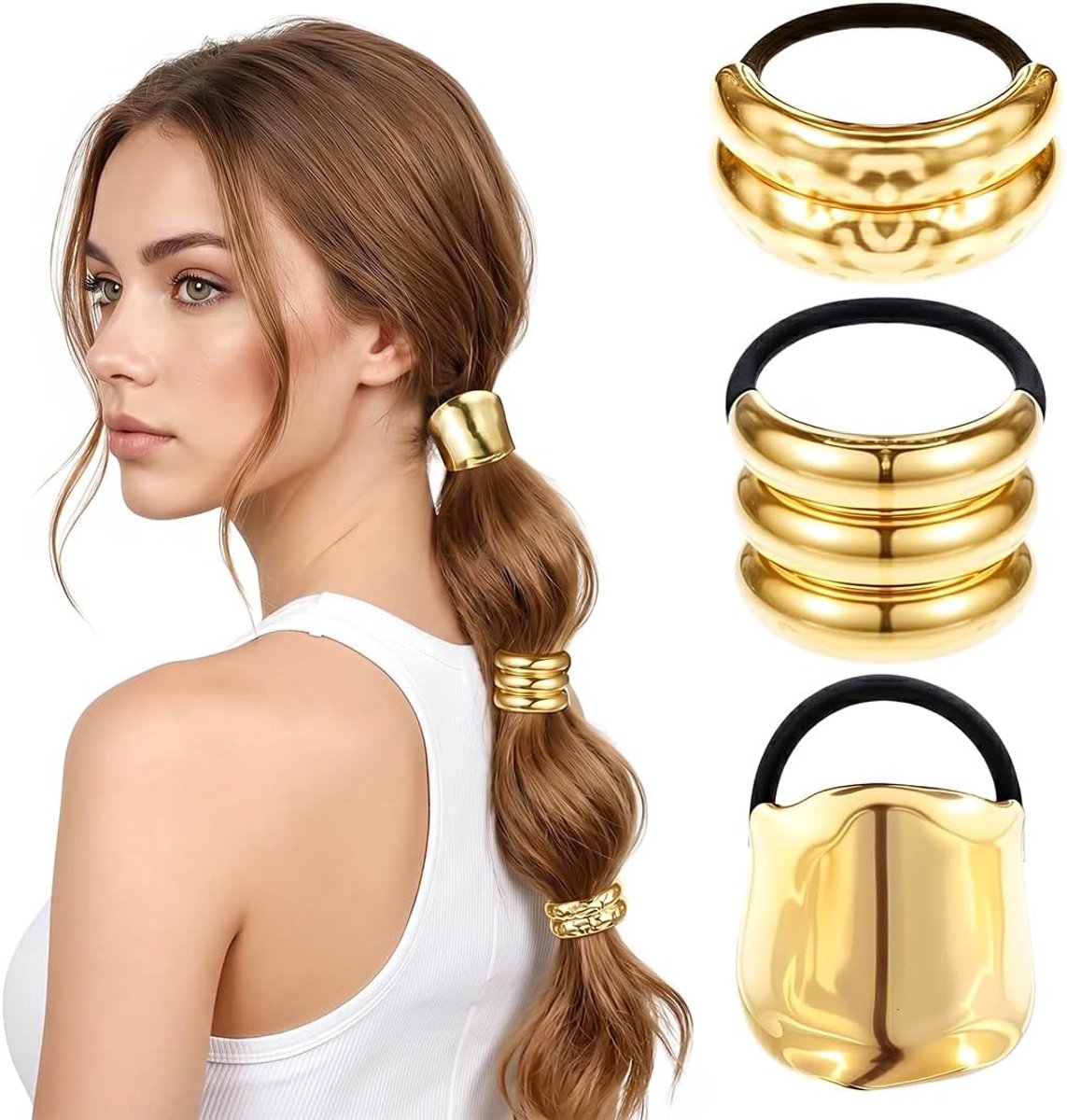 3-Delige Set Gouden Haarbandjes voor Dames Haaraccessoires – Elegante Paardenstaart-Hoofdband,Gouden - ShopVlot