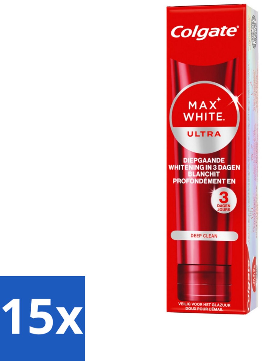 15 x Colgate - Tandpasta - Max White - Ultra Deep Clean Whitening - 75 ml - Tandpasta Whitening - Wittere Tanden - Diepe Reiniging - Actieve Zuurstof - Tanden Reinigen