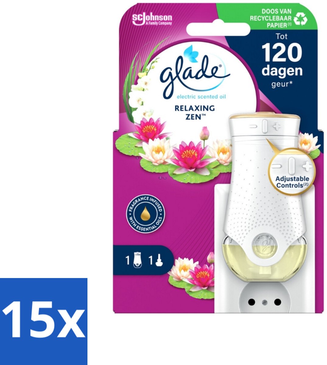 15 x Glade - Houder Elektrische Olie - Relaxing Zen - Elektrische Geurhouder - Relax Geur - Ontspannende Geur - Geurhoudende Houder - Sfeer Creëren