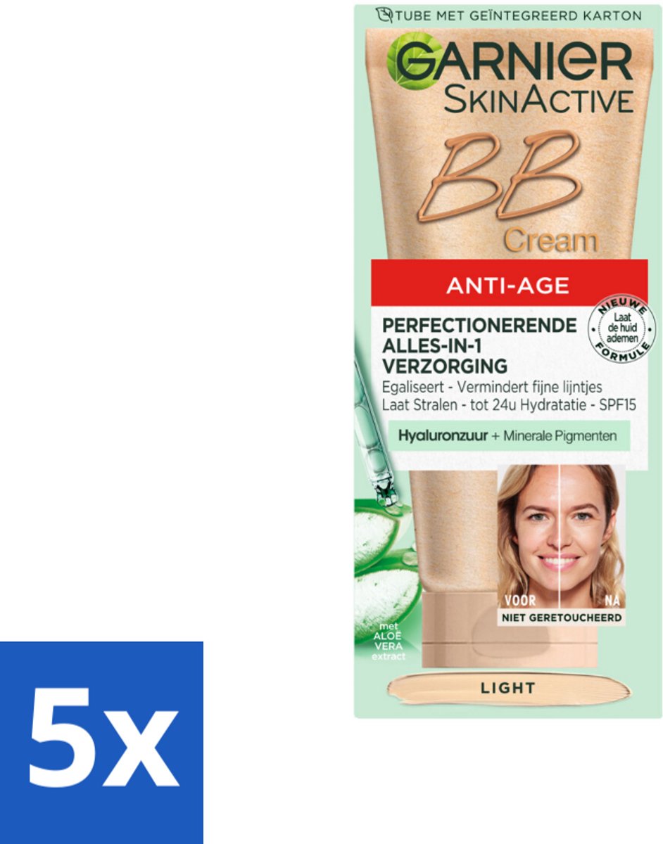 5 x Garnier - SkinActive - BB Cream Light - Anti-Aging - Getinte Dagcrème - 50 ml - BB Cream - Anti-aging - Huidverzorging - Dagcrème - Teint