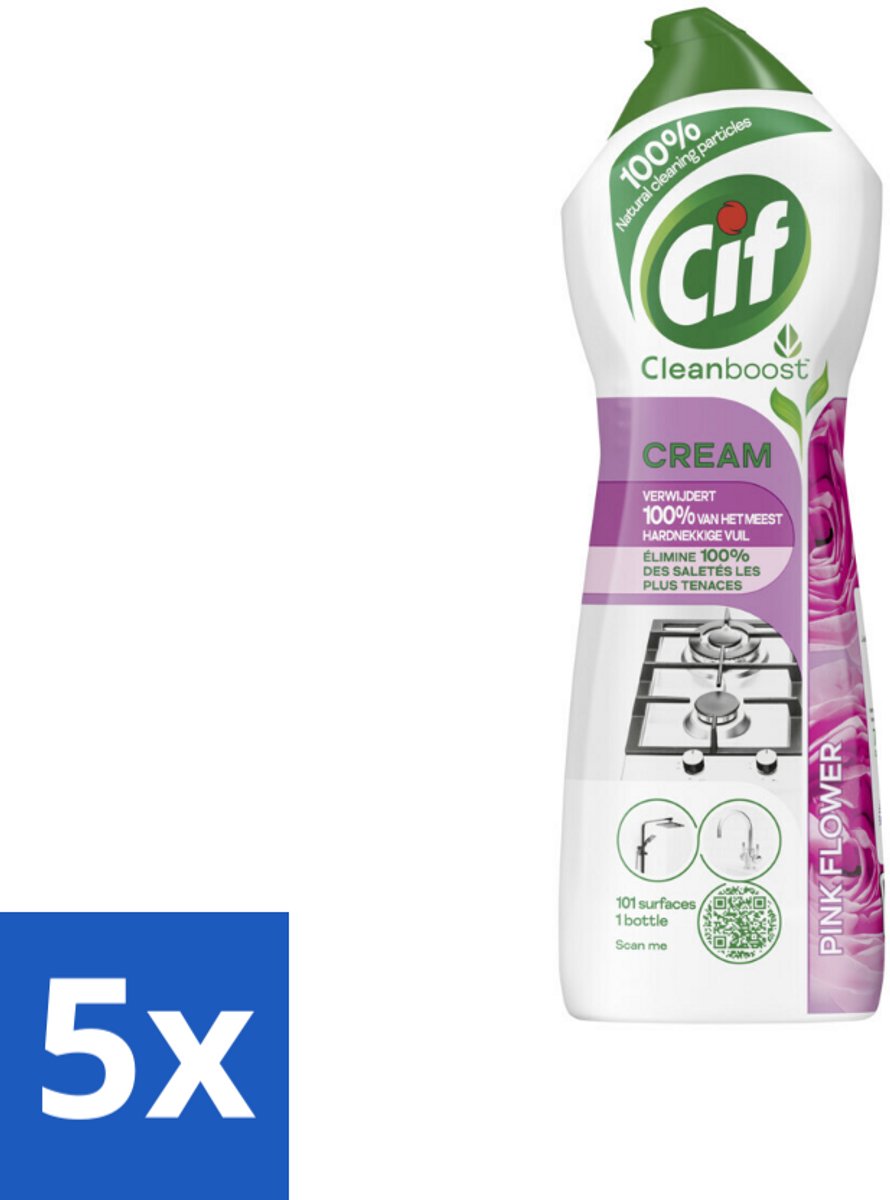 5 x Cif Cream Pink Flower - Schuurmiddel - Tegen Hardnekkig Vuil - Frisse Bloemengeur - 750 ml - Cif Cream Pink Flower - Schuurmiddel - Reiniging - Hardnekkig Vuil - Frisse Bloemengeur