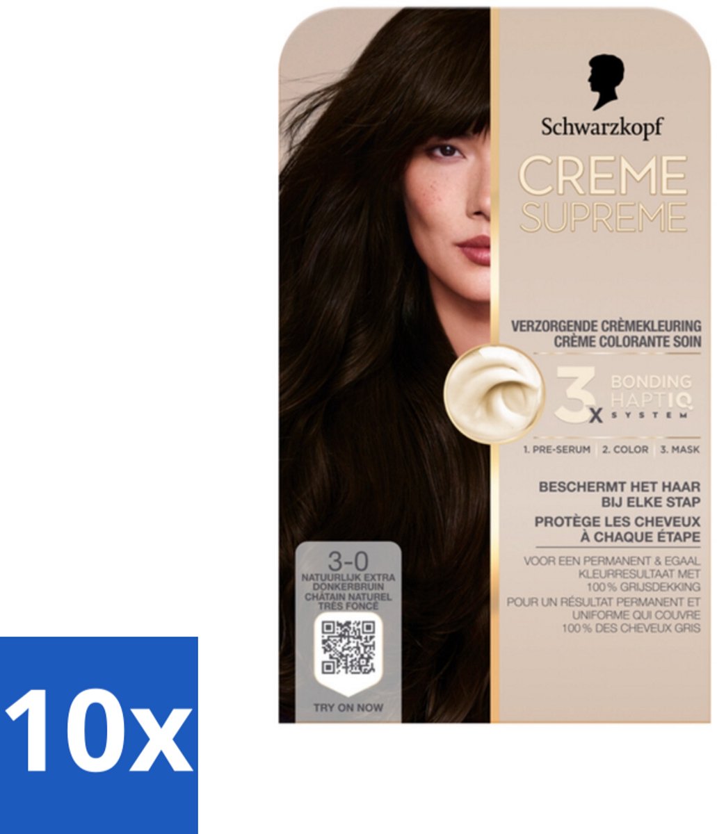 10 x Schwarzkopf - Haarkleuring - Creme Supreme 3-0 - Natuurlijk Extra Donkerbruin - 245g - Haarkleuring - Permanent Haarkleur - Donkerbruin Kleur - Haarverf - Haarverf 3-0