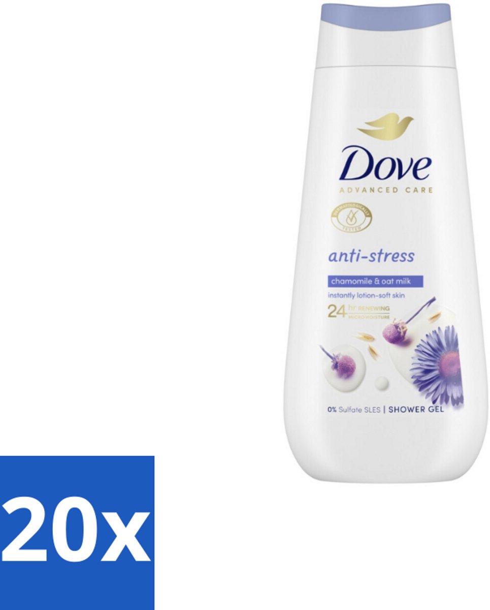 20 x Dove Douchecrème - Anti-Stress - Kamille & Havermelk - 225 ml - Douchecrème Anti-stress - Droge Huid Verzorging - Kamille En Havermelk - Micro Moisture - Sulfaatvrije Douchecrème