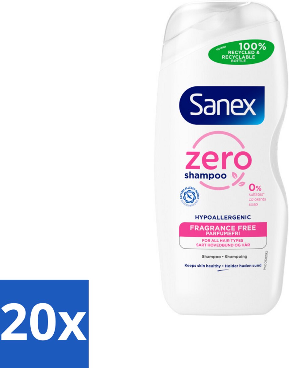 20 x Sanex - Shampoo - Zero% Normal Hair - Milde Reiniging - 250 ml - Sanex Zero% Shampoo - Milde Shampoo - Normaal Haar Shampoo - 100% Natuurlijke Ingrediënten - PH-neutraal Shampoo