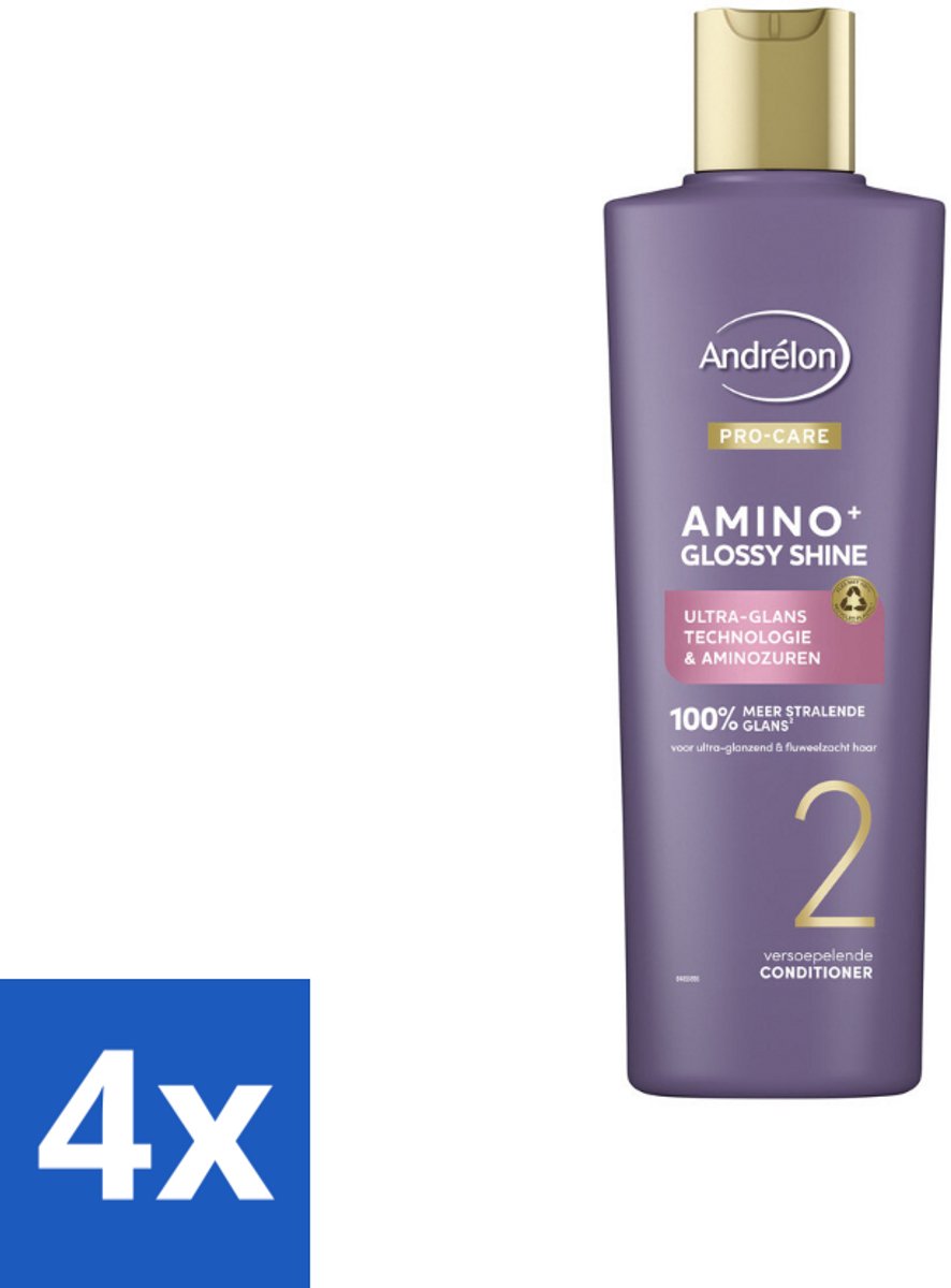 4 x Andrélon – Conditioner – Pro Care Amino+ Glossy Shine – 250 ml - Haar Glans - Aminozuren - Zijdezacht Haar - Spiegelachtige Glans - Zachter Haar