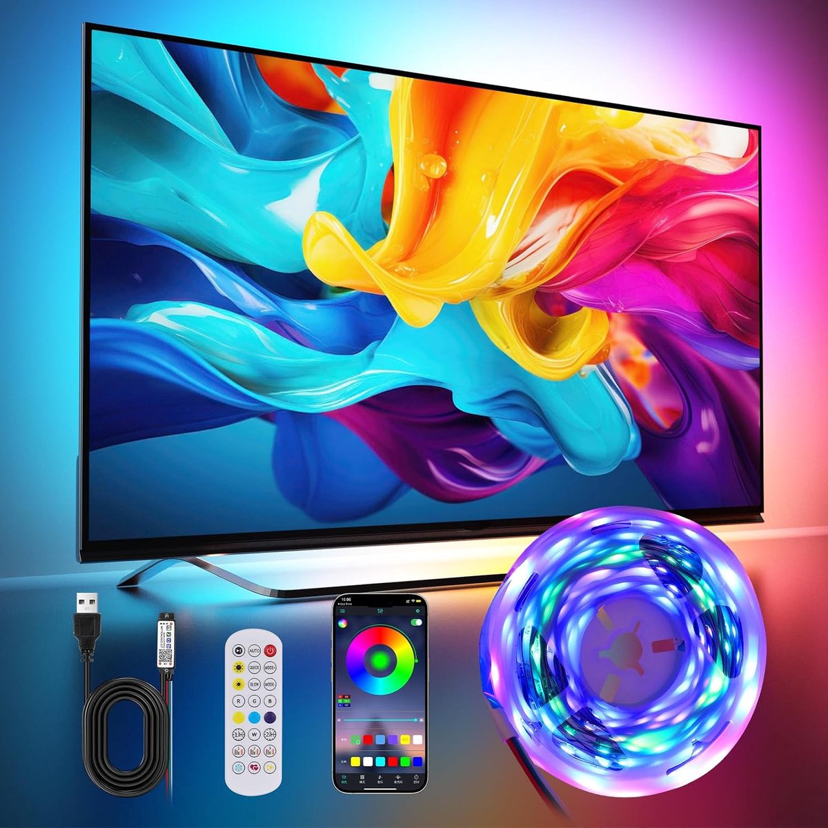 LED-strip 4m, RGB-IC LED-strip met app-bediening en 2,4G RF-afstandsbediening, muzieksynchronisatie, LED-lichtketting - ShopVlot