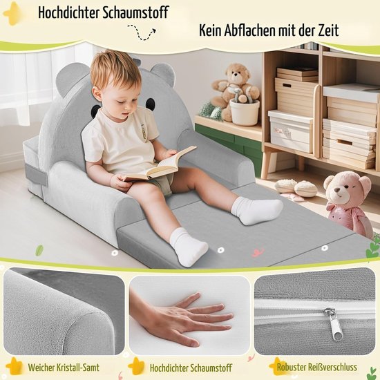 CINK & Co Kinderbank 2-in-1 - Uitklapbaar tot Logeerbed - Met Wasbare Hoes en Kussen - Dinosaurusdessin - Grijs — afbeelding 4