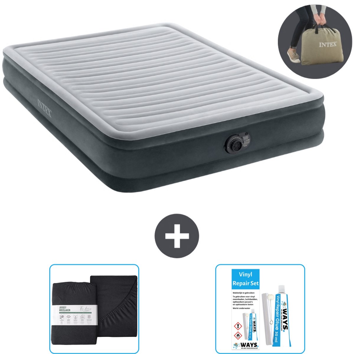 Intex Luchtbed - 2-Persoons - 152 x 203 x 33 cm - Grijs - Inclusief pomp - Hoeslaken en Reparatieset