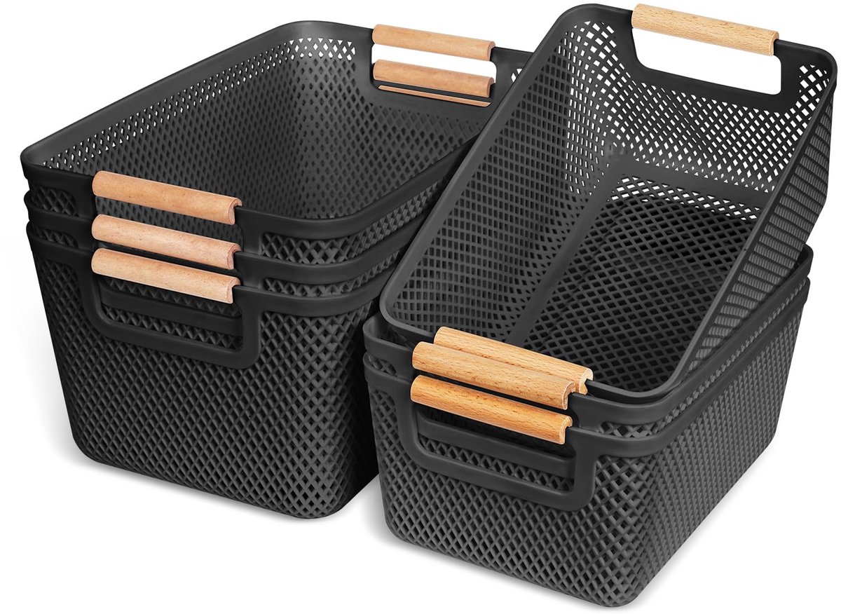 Famanu – Set van 6 kunststof opbergdozen zonder deksel, zwart, ademende opbergmanden met handgrepen van massief hout, ideaal voor badkamer en keuken