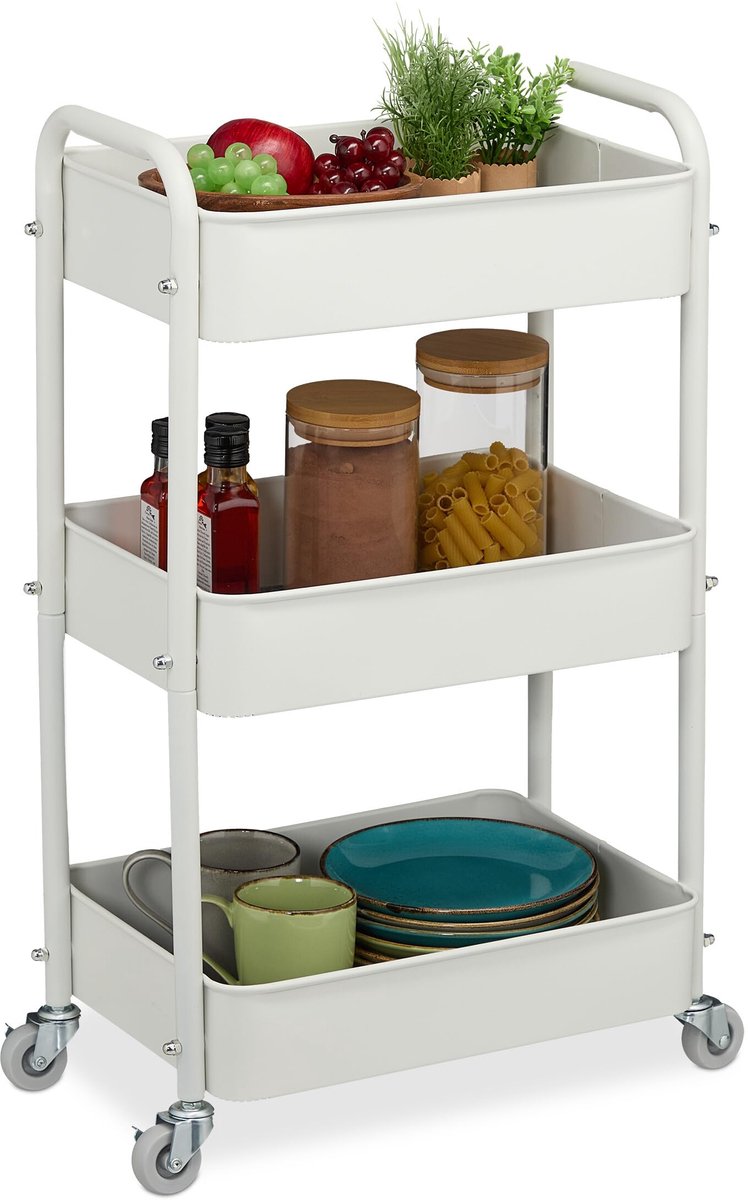 Famanu – Keukentrolley met 3 lagen, staal, serveerwagen voor badkamer en kantoor, opbergtrolley, 71,5 x 43,5 x 29,5 cm, wit