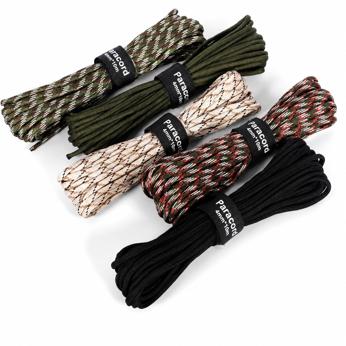 Paracord touw 50 meter 4mm, set van 5 stuks, belastbaar tot 250 kg