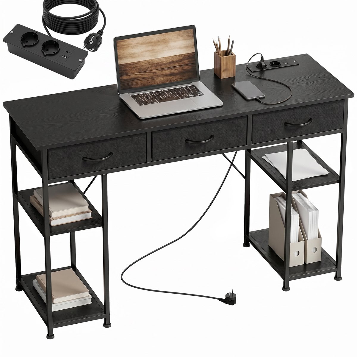 Bureau met opbergruimte en stopcontact – 3 stoffen lades en 4 opbergplanken – 120 x 40 x 76 cm – zwart