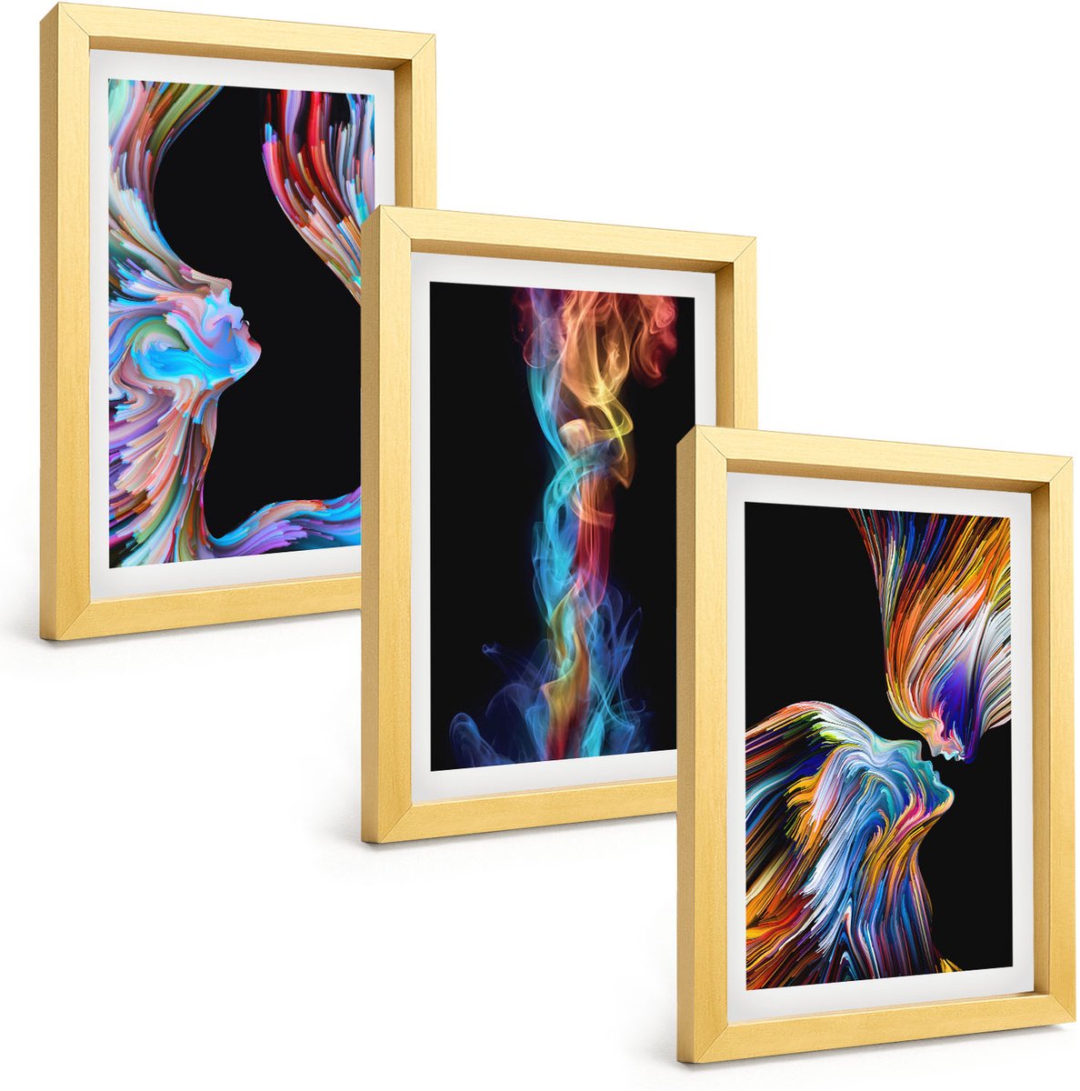 TULUP 4-Delige Schilderij Set - Kleurrijke abstracties met gezichten en dynamische vormen - 20 x 30 cm - Wanddecoratie - Woonkamer Decoratie - Muurdecoratie Gouden lijst