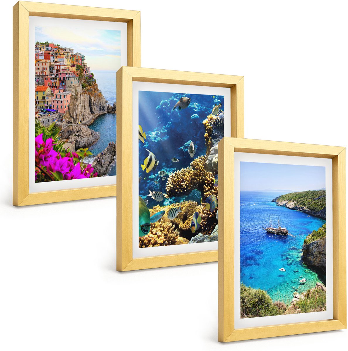 TULUP 4-Delige Schilderij Set - Uitzicht op zee met kleurrijke huizen en een koraalrif. - 20 x 30 cm - Muurdecoratie - Wanddecoratie - Hal - Woonkamer Decoratie Gouden lijst