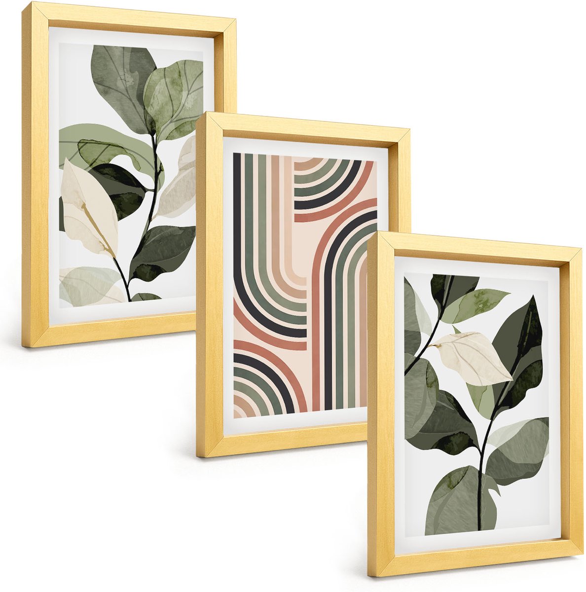 TULUP 4-Delige Schilderij Set - Plantmotieven met geometrische patronen in groene tinten - 20 x 30 cm - Wanddecoratie - Moderne Interieurdecoratie - Muurdecoratie Gouden lijst