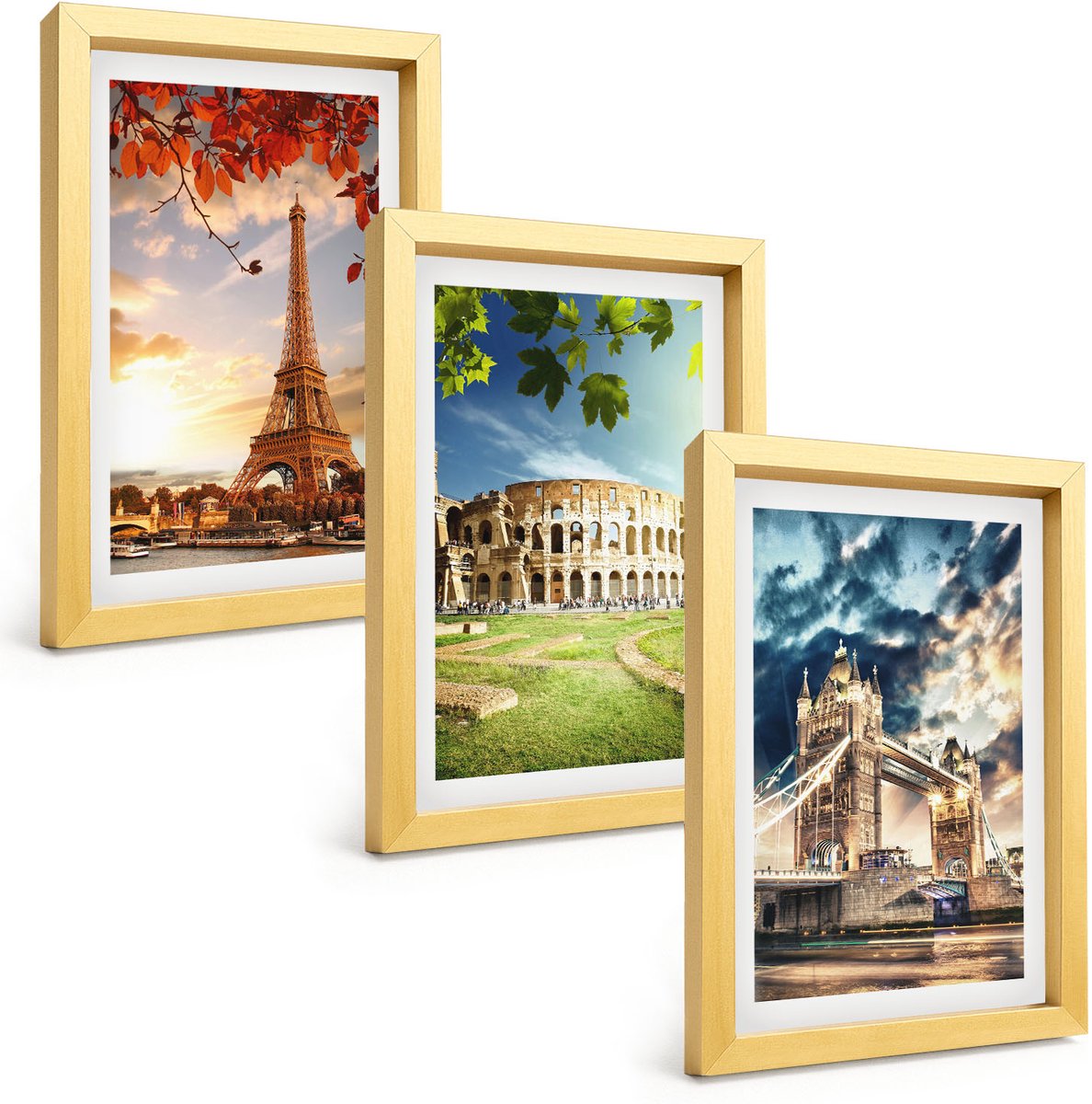 TULUP 4-Delige Schilderij Set - Monumenten van Europa in de warme kleuren van het landschap - 20 x 30 cm - Wanddecoratie - Schilderijen Set - Interieur - Decoratieve Schilderijen Gouden lijst