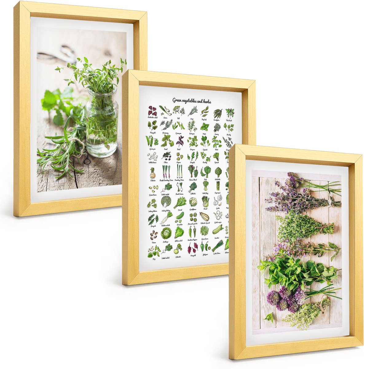 TULUP 4-Delige Schilderij Set - Lijst met gedroogde keukenkruiden - 20 x 30 cm - Stijlvolle Wanddecoratie - Interieur - Decoratieve Schilderijen Gouden lijst