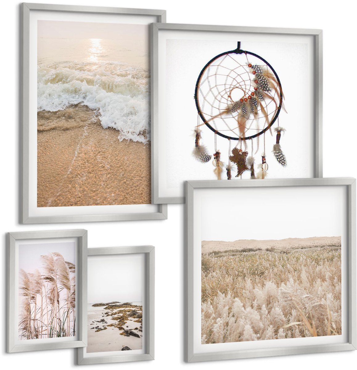 TULUP 4-Delige Schilderij Set - Natuurlijke landschappen met strand- en plantenmotieven - 50 x 50 cm, 20 x 30 cm en 40 x 60 cm - Moderne Wanddecoratie - Woonkamer Zilveren lijst