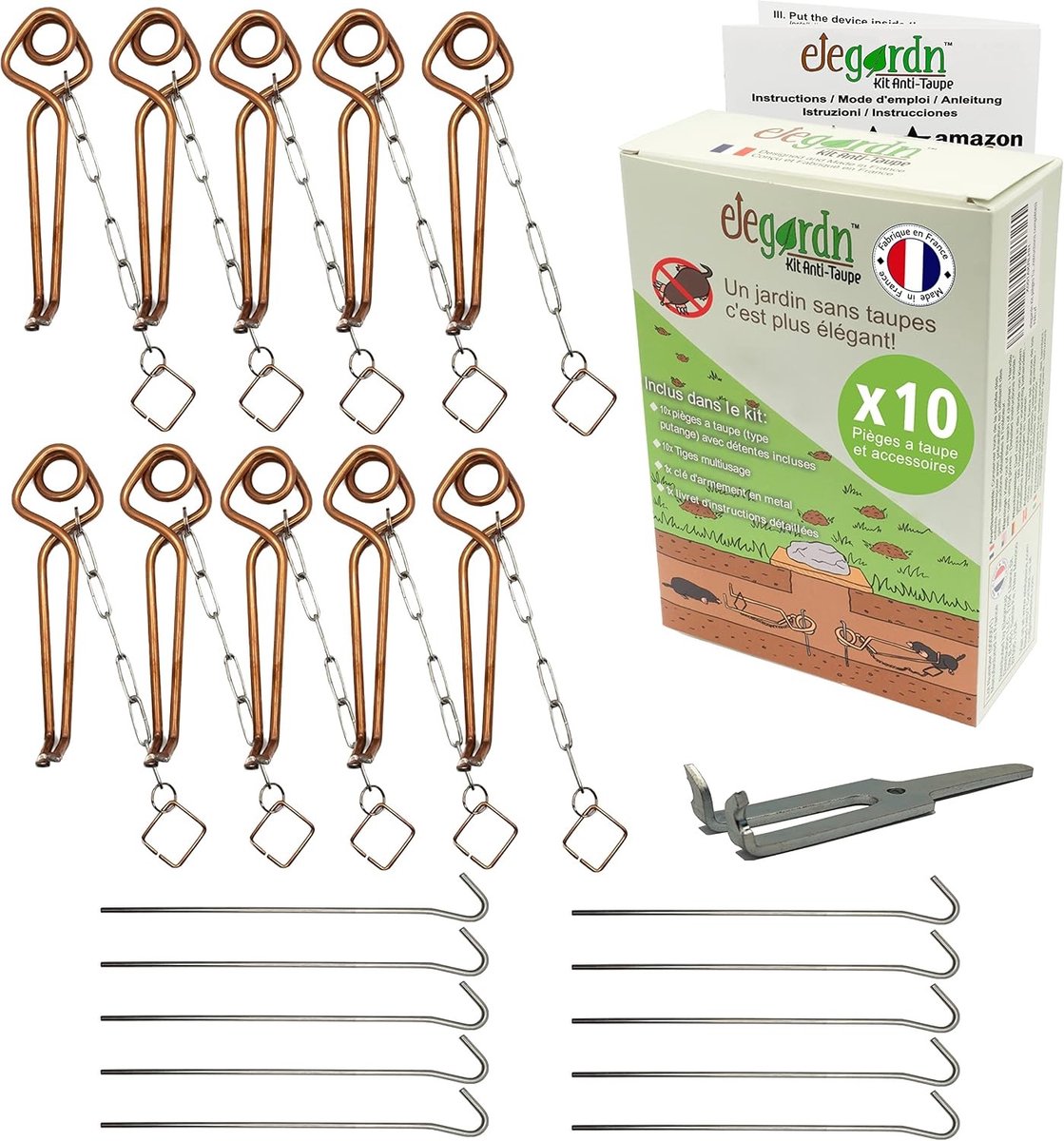 Mollenverjager trilling - Set van 10 mollenvallen - Hoogwaardig verkoperd staal - Compleet met accessoires voor tuingebruik