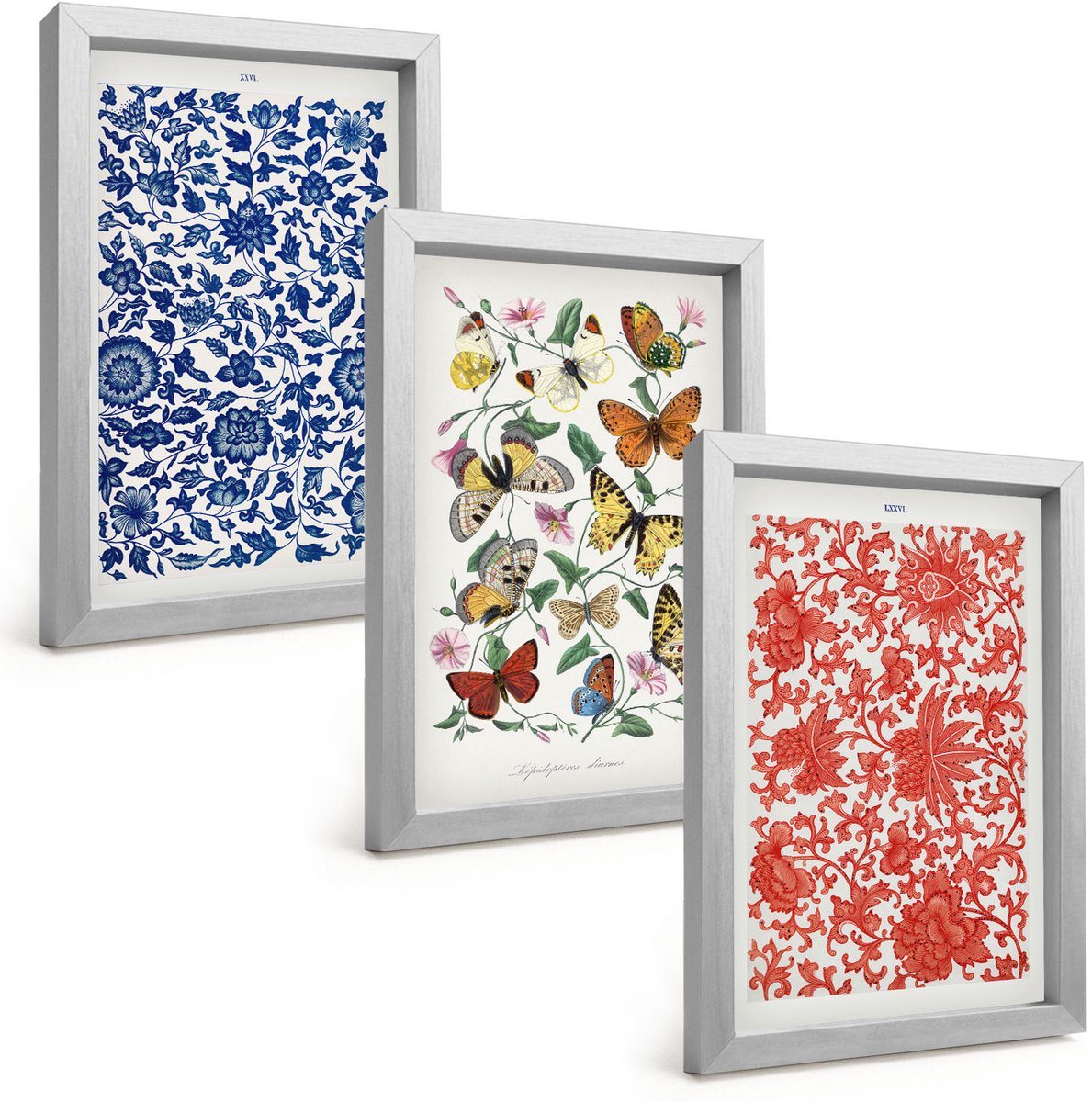 Tulup 4-Delige Schilderij Set - Vintage posters met bloemen, vlinders en ornamenten - 20 x 30 cm - Wanddecoratie - Woonkamer Decoratie - Interieur Decoratie