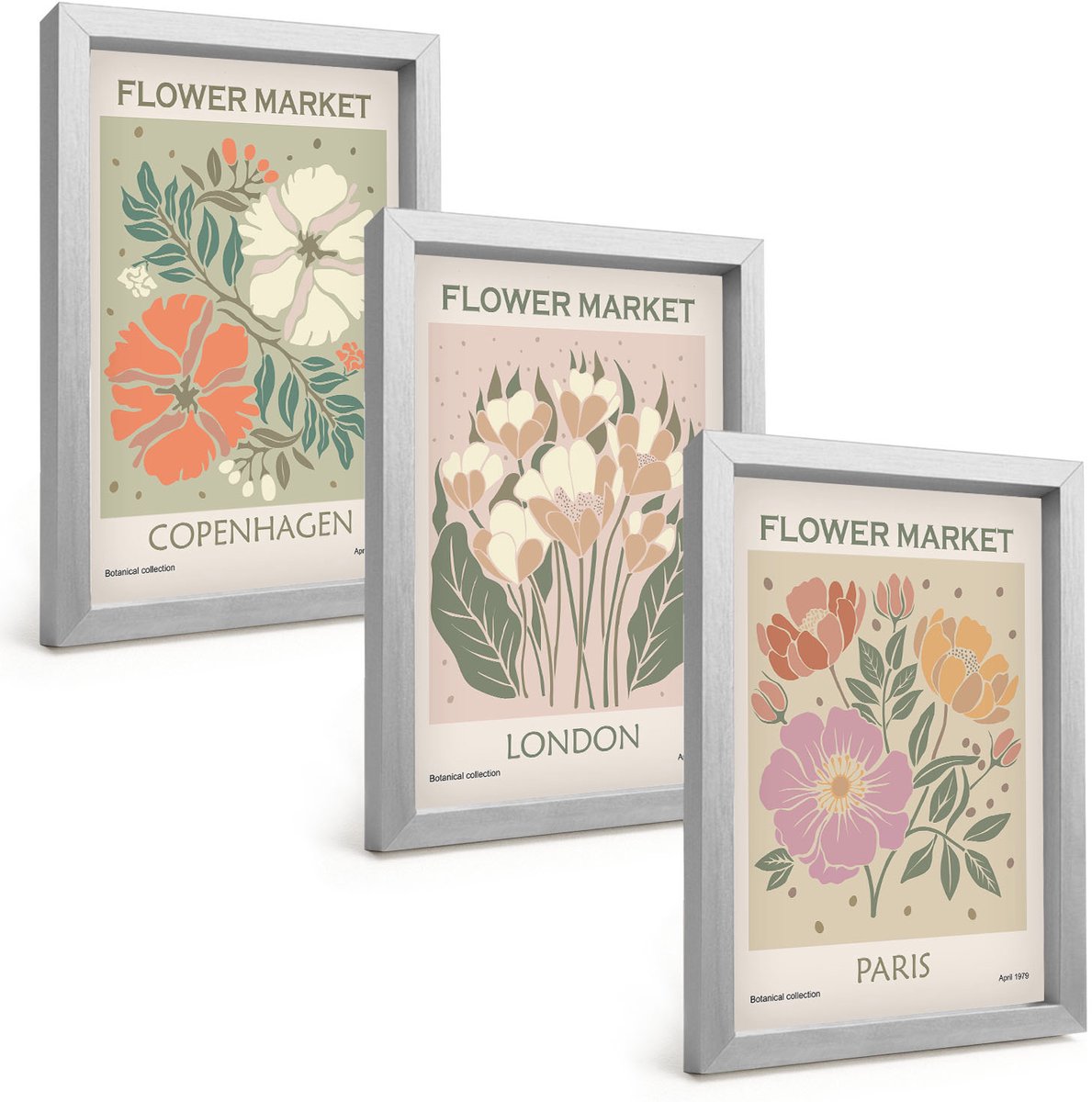 Tulup 4-Delige Schilderij Set - Bloemenposters Kopenhagen Londen Parijs - 20 x 30 cm - Muurdecoratie - Interieur Decoratie - Decoratieve Schilderijen