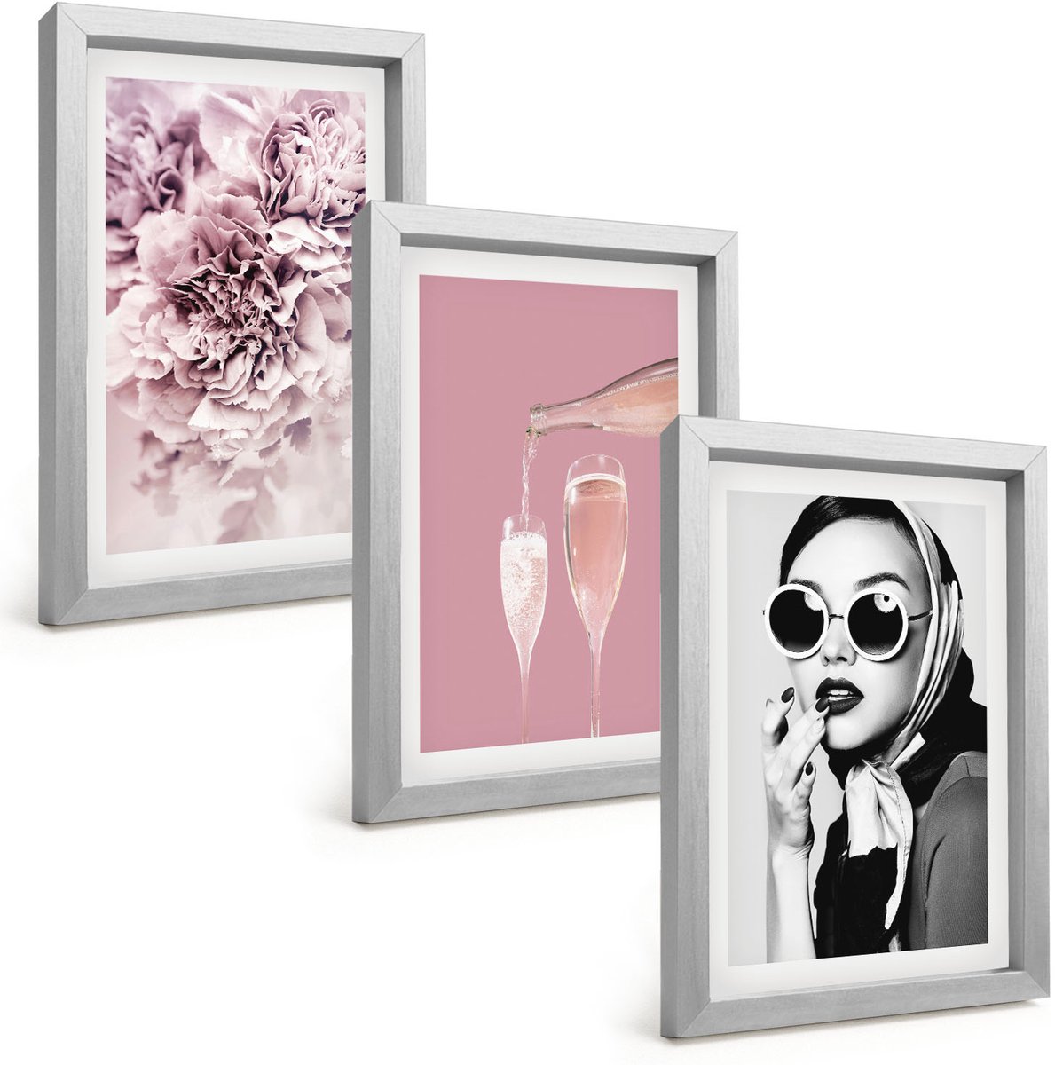 Tulup 4-Delige Schilderij Set - Bloemen in verschillende tinten roze en een elegante vrouw - 20 x 30 cm - Wanddecoratie - Muurdecoratie - Moderne Interieurdecoratie - Stijlvolle Muurdecoratie