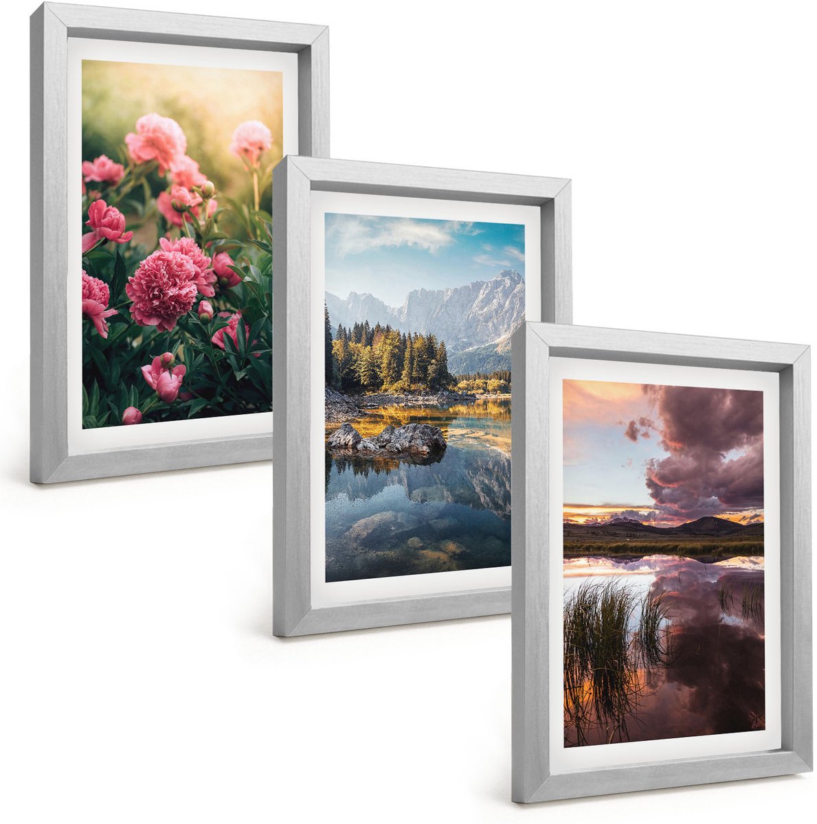 Tulup 4-Delige Schilderij Set - Bloemen in de tuin, bergen en een kalm wateroppervlak. - 20 x 30 cm - Moderne Wanddecoratie - Slaapkamer - Decoratieve Schilderijen