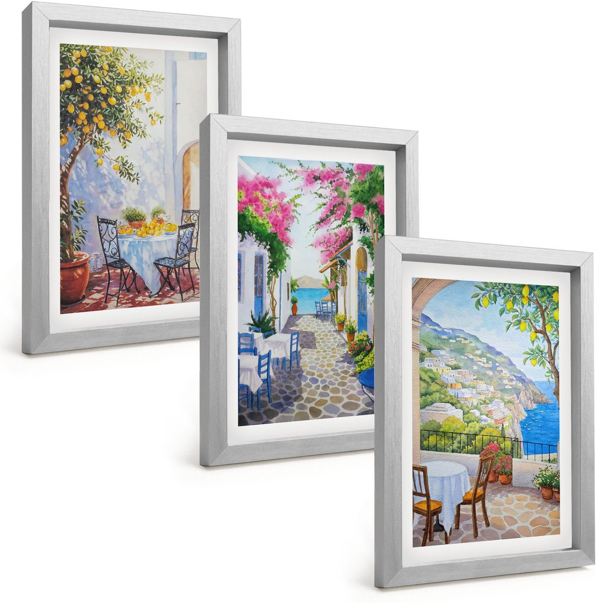 Tulup 4-Delige Schilderij Set - Sfeervolle straatjes met bloeiende planten en uitzicht op zee. - 20 x 30 cm - Muurdecoratie - Schilderijen Set - Woonkamer - Moderne Wanddecoratie