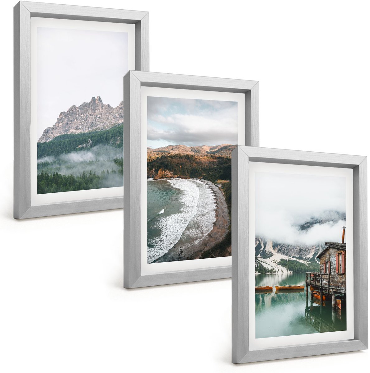 Tulup 4-Delige Schilderij Set - Berglandschap met een strand en een houten huis - 20 x 30 cm - Muurdecoratie - Schilderijen Set - Woonkamer - Interieur Decoratie
