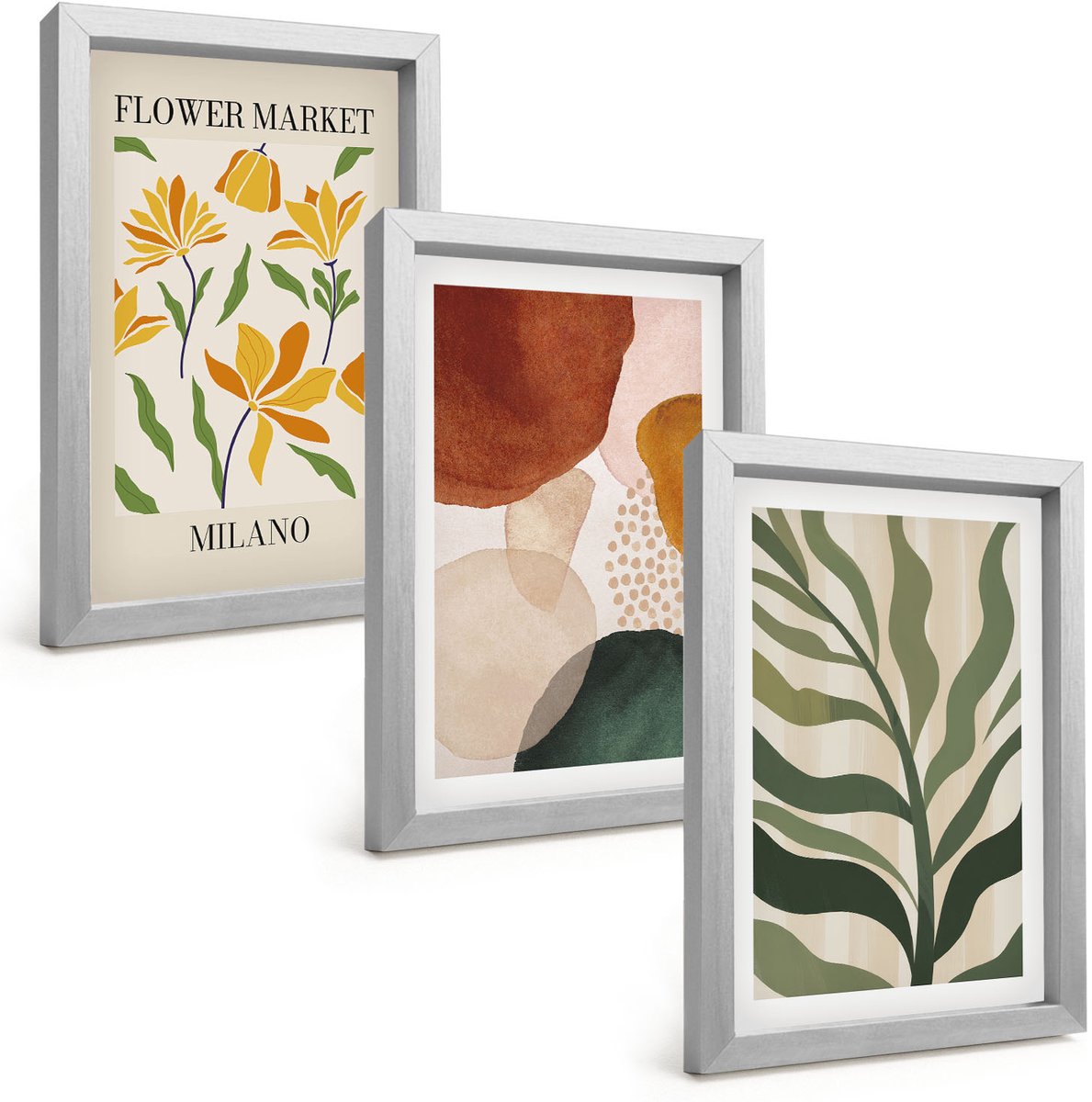 TULUP 4-Delige Schilderij Set - Bloemmotieven met abstracte vormen en bladeren - 20 x 30 cm - Muurdecoratie - Interieur Decoratie Zilveren lijst