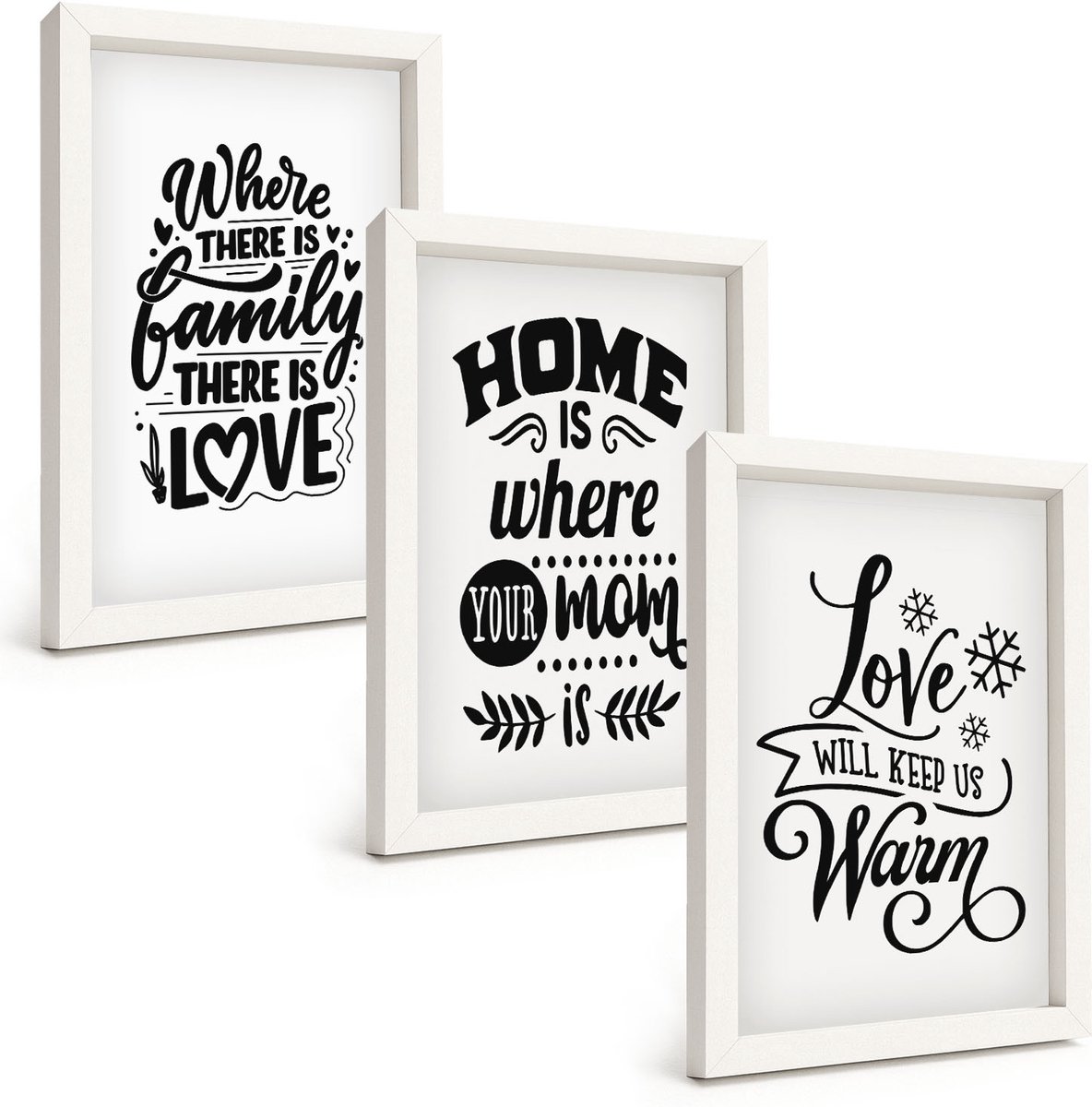 Tulup 3-Delige Schilderij Set - Familie, liefde, thuis, warmte in eenvoudige slogans - 20x30 - Moderne Wanddecoratie - Woonkamer - Decoratieve Schilderijen