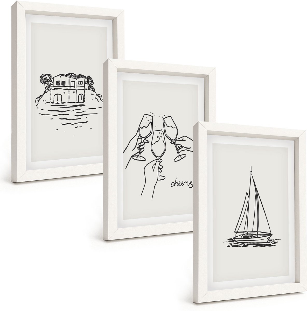 Tulup 3-Delige Schilderij Set - Uitzicht op het water, een huis dat proost met glazen en een zeilboot. - 20x30 - Decoratieve Schilderijen - Woonkamer - Interieur - Muurdecoratie