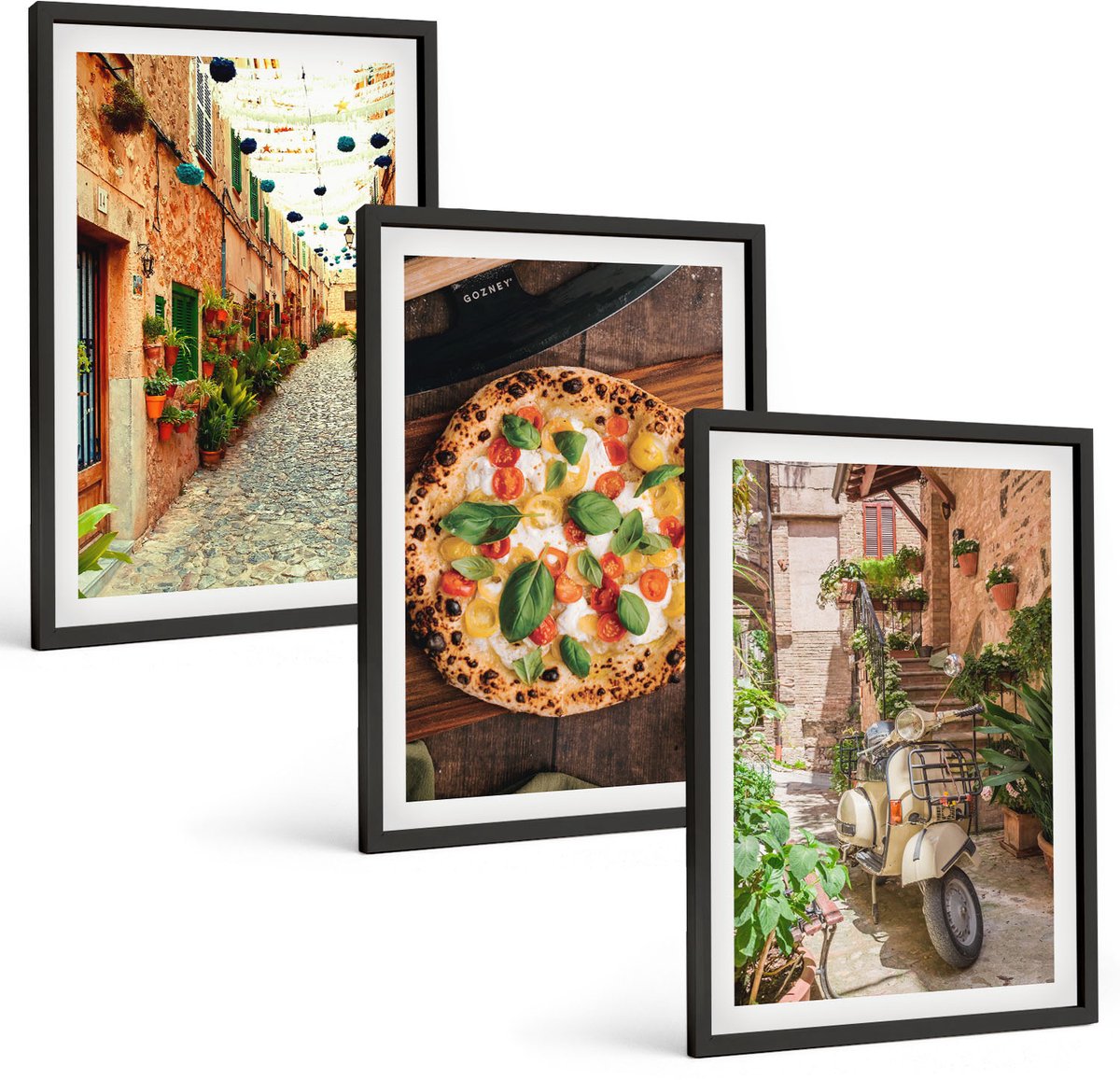 Tulup 4-Delige Schilderij Set - Sfeervolle straatjes met planten en Italiaanse pizza. - 40 x 60 cm - Schilderijen Set - Wanddecoratie - Woonkamer - Stijlvolle Muurdecoratie