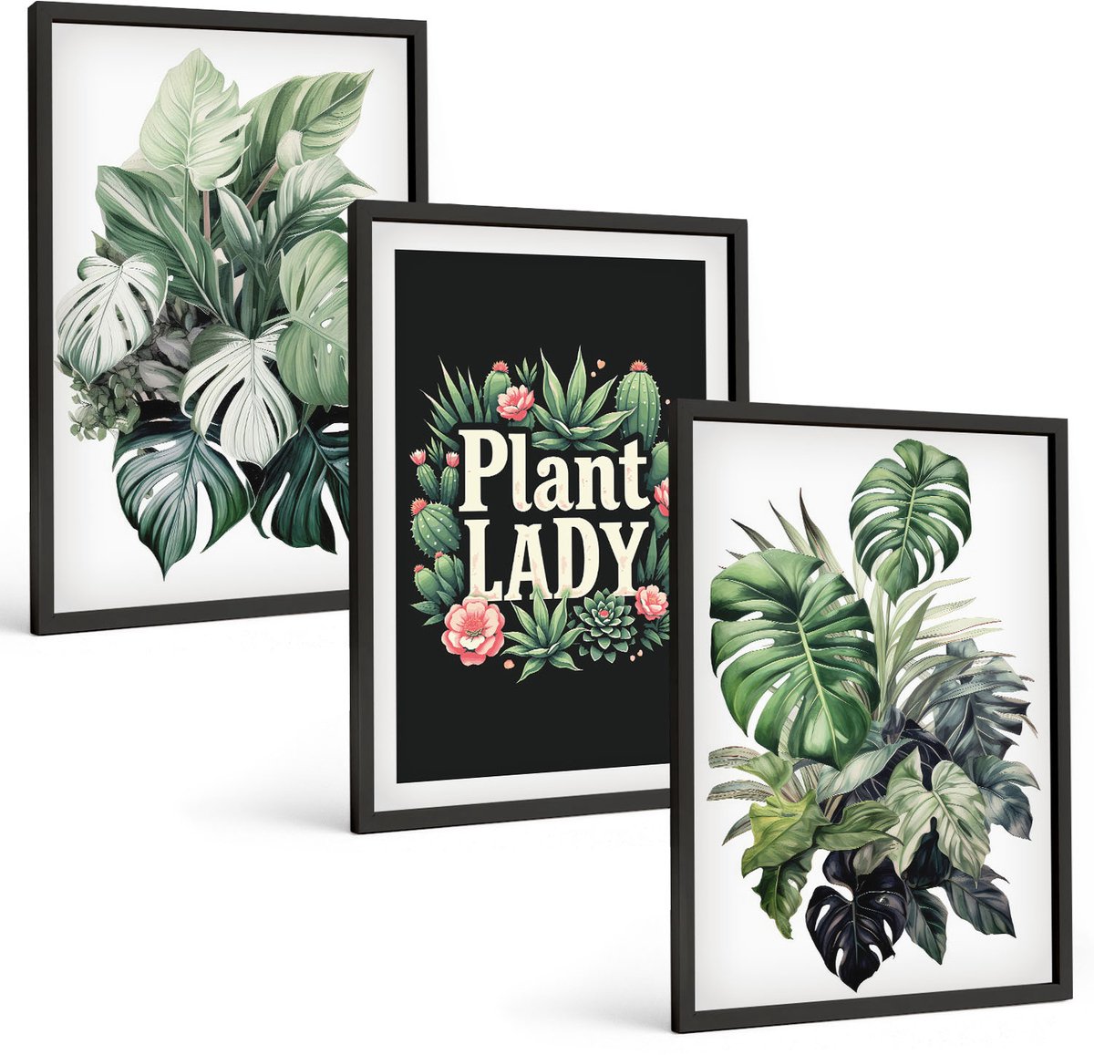 Tulup 4-Delige Schilderij Set - Tropische planten met het opschrift 'Plant Lady' in het groen. - 40 x 60 cm - Decoratieve Muurdecoratie - Slaapkamer - Wanddecoratie