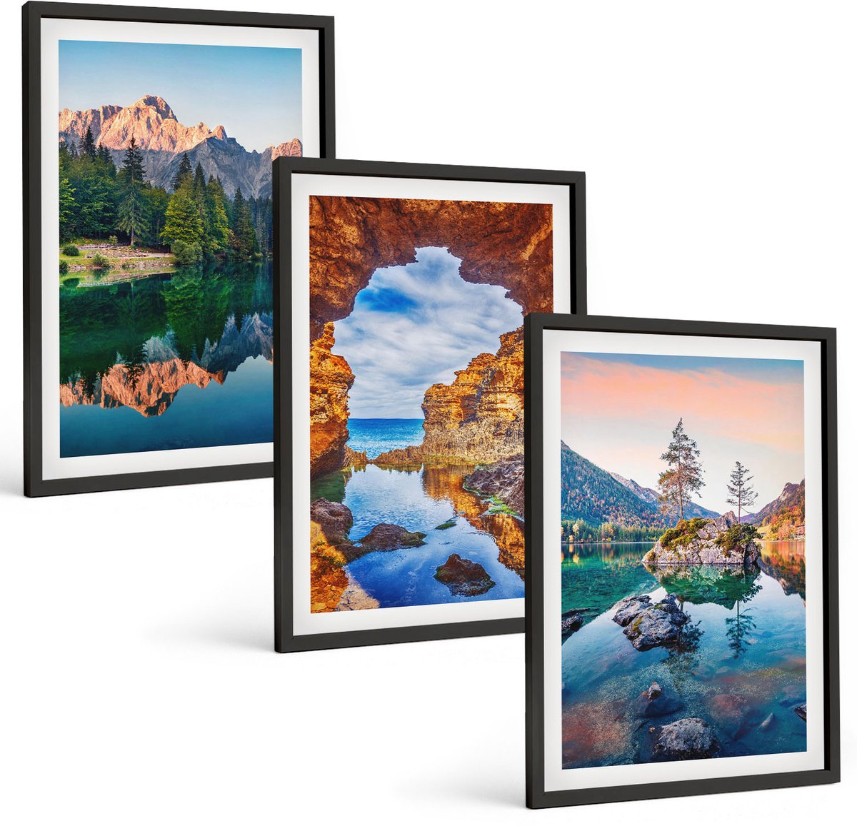 Tulup 4-Delige Schilderij Set - Bergmeren met weerspiegelingen in het water en de rotsen. - 40 x 60 cm - Wanddecoratie - Muurdecoratie - Moderne Interieurdecoratie - Woonkamer Decoratie