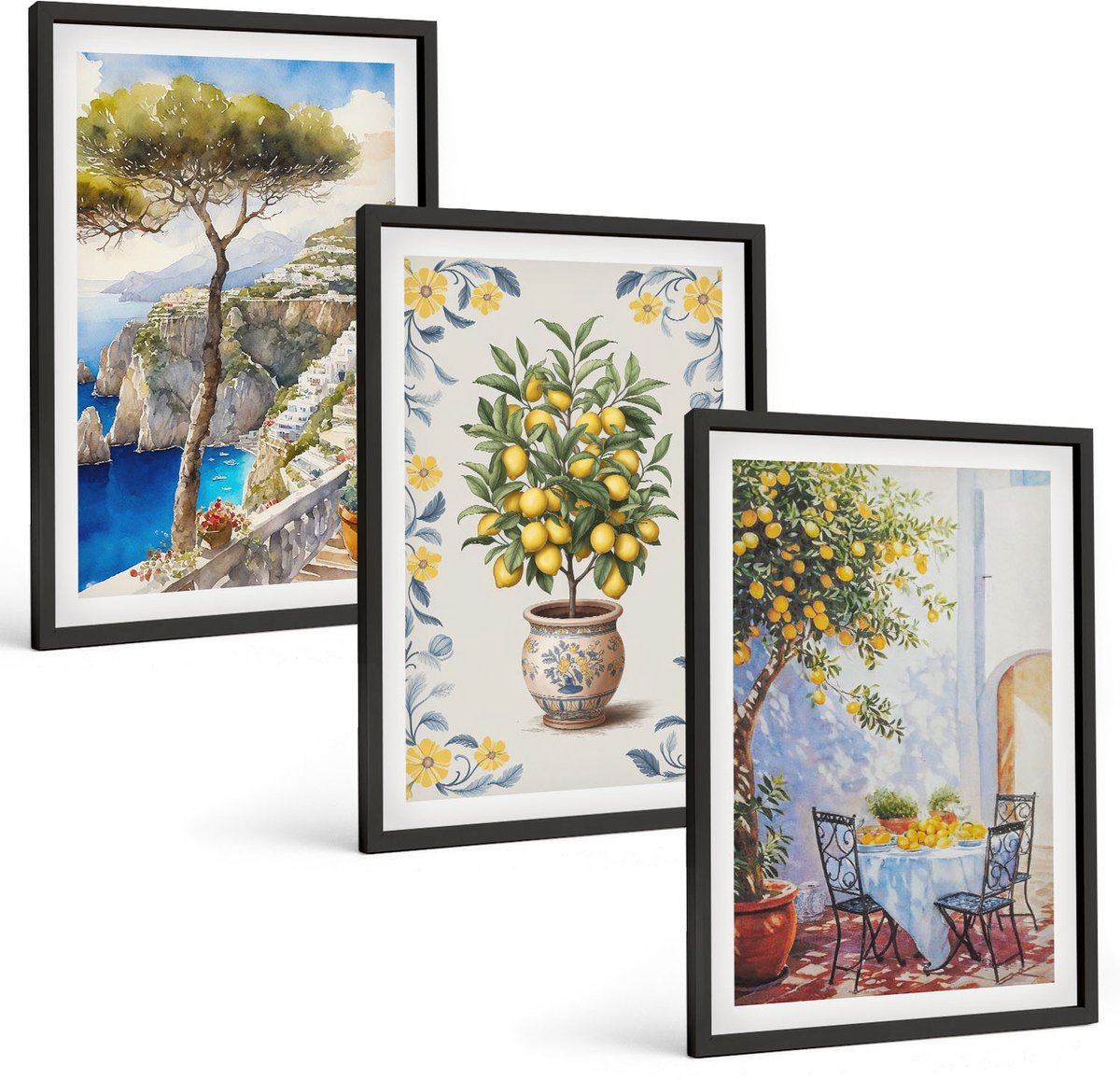 Tulup 4-Delige Schilderij Set - Zeegezicht met citroenbomen - Italiaanse schilderijen - 40 x 60 cm - Stijlvolle Muurdecoratie - Slaapkamer - Woonkamer Decoratie