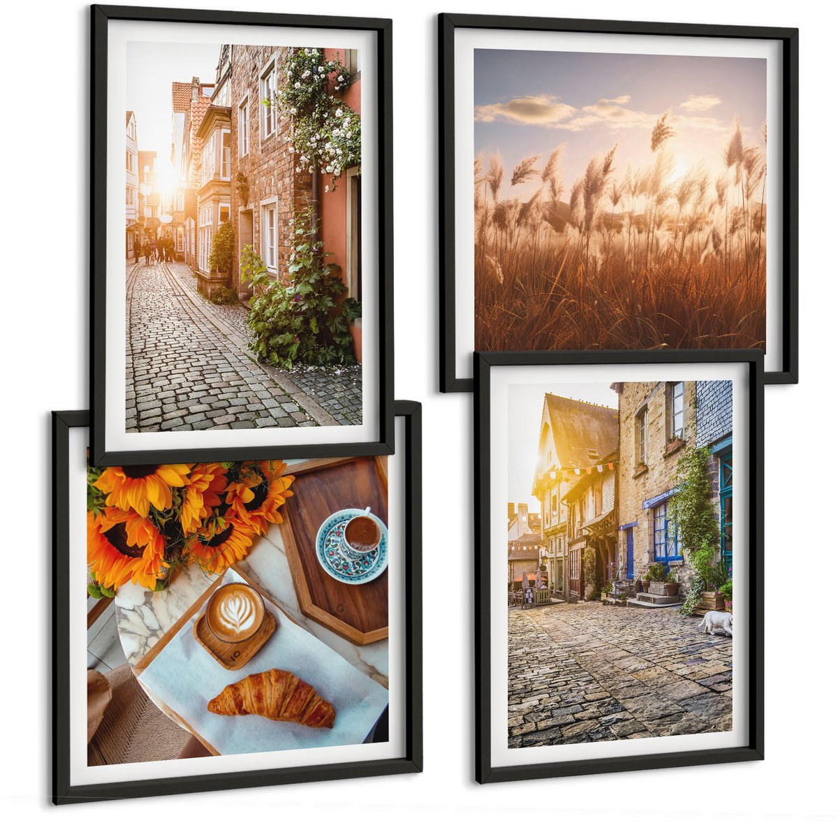 Tulup 4-Delige Schilderij Set - Sfeervolle straatjes met koffie en zonnebloemen - 40 x 40 cm en 40 x 60 cm - Wanddecoratie - Woonkamer Decoratie