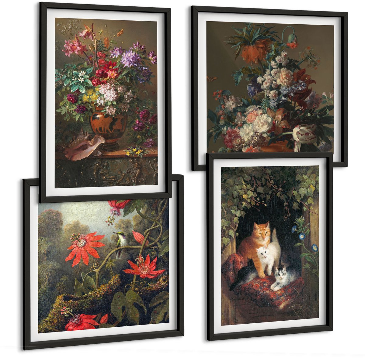 Tulup 4-Delige Schilderij Set - Vintage bloemen, katten en planten in de natuur - 40 x 40 cm en 40 x 60 cm - Wanddecoratie - Woonkamer Decoratie - Muurdecoratie