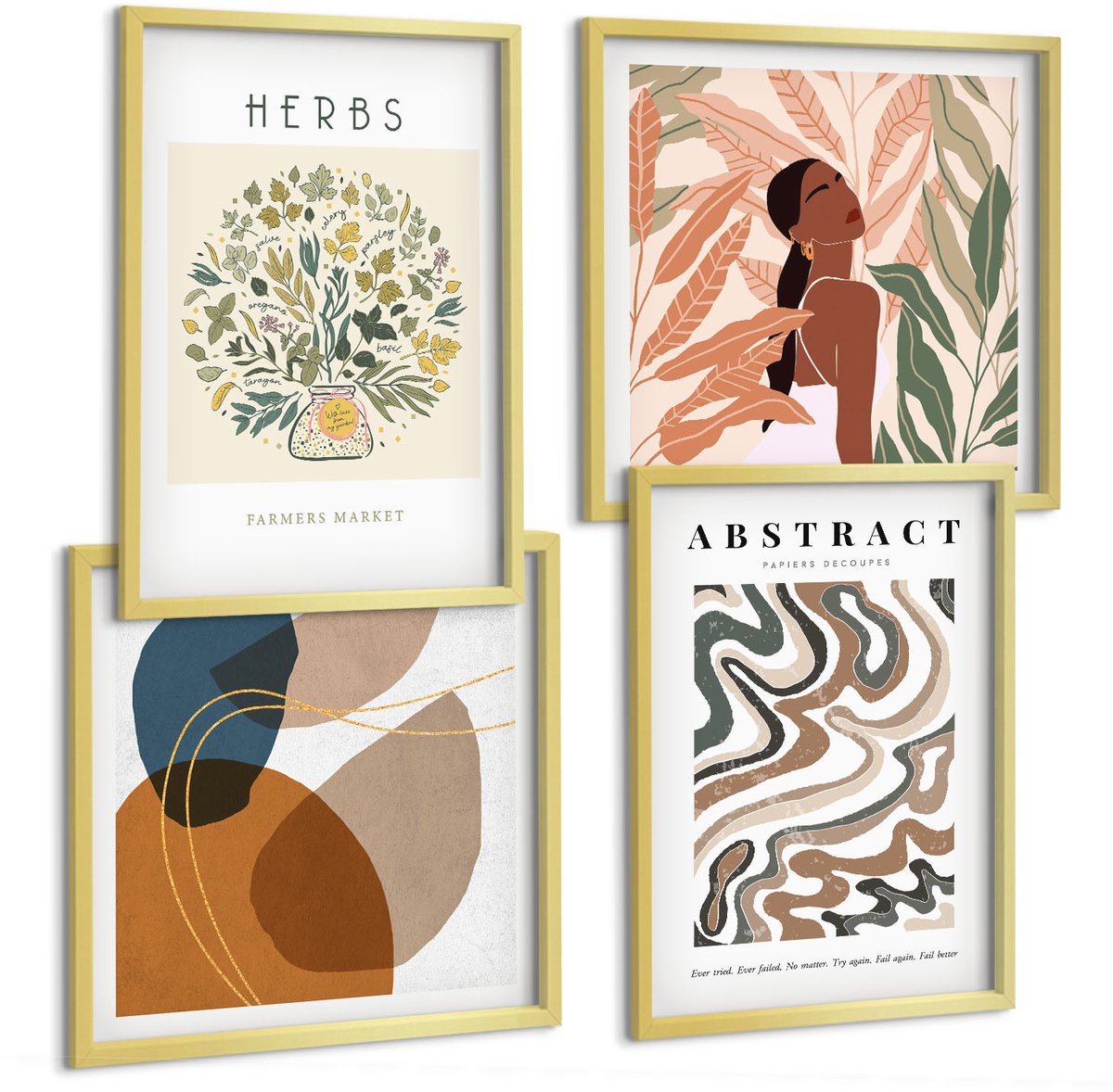 TULUP 4-Delige Schilderij Set - Boho-esthetiek, pastelkleurige minimalistische posters - 40 x 40 cm en 40 x 60 cm - Wanddecoratie - Schilderijen Set - Kantoor - Interieur Decoratie Gouden lijst