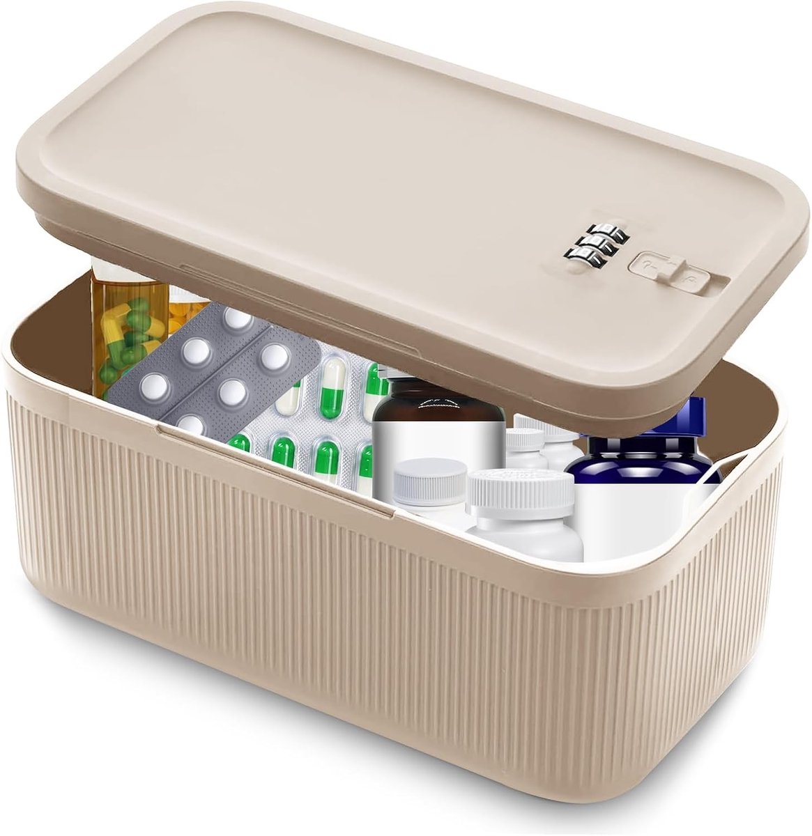 Kleine Afsluitbare Doos - Beige - 24 x 13 x 9,6 cm - Veiligheidsbox met Cijferslot - Voor Medicijnen en Waardevolle Spullen