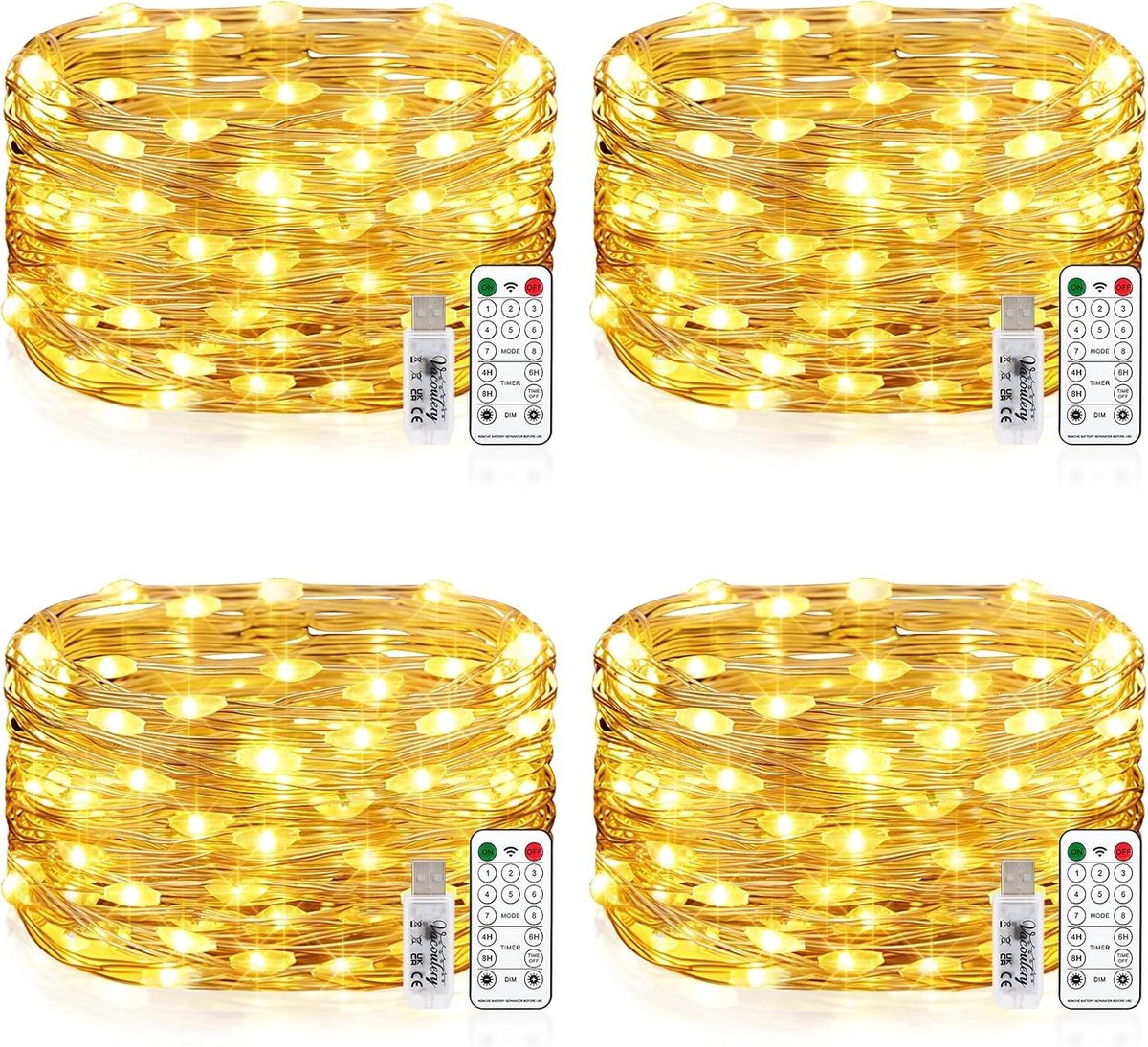Waterdichte Draadlichtketting - Warmwit - 4 Stuks - USB Lichtketting met Afstandsbediening en Timer - Voor Binnen en Buiten