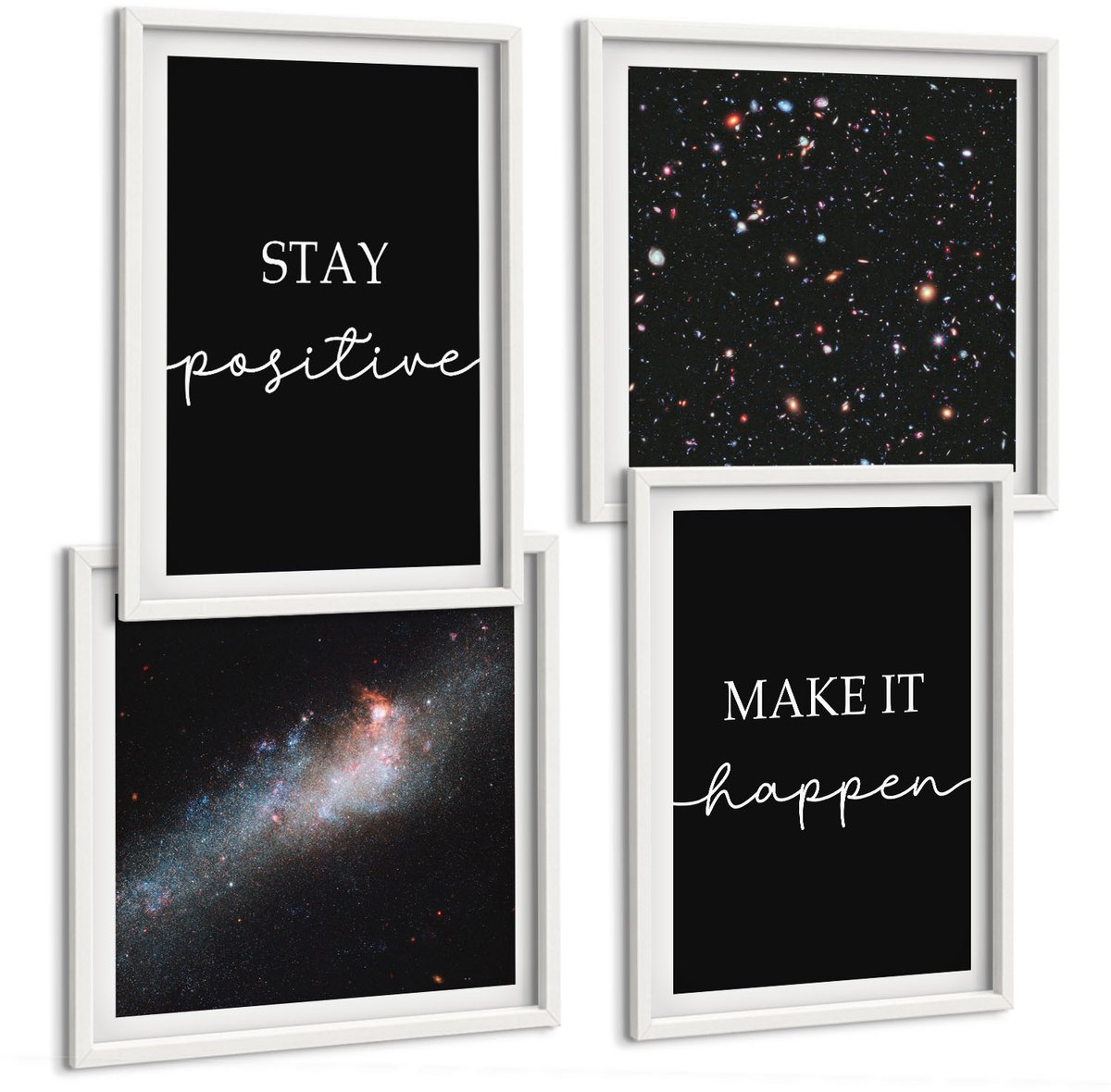 Tulup 4-Delige Schilderij Set - Motiverende slogans op een zwarte achtergrond Sterren in de ruimte - 40x40 en 40x60 - Decoratieve Schilderijen - Woonkamer - Interieur - Wanddecoratie