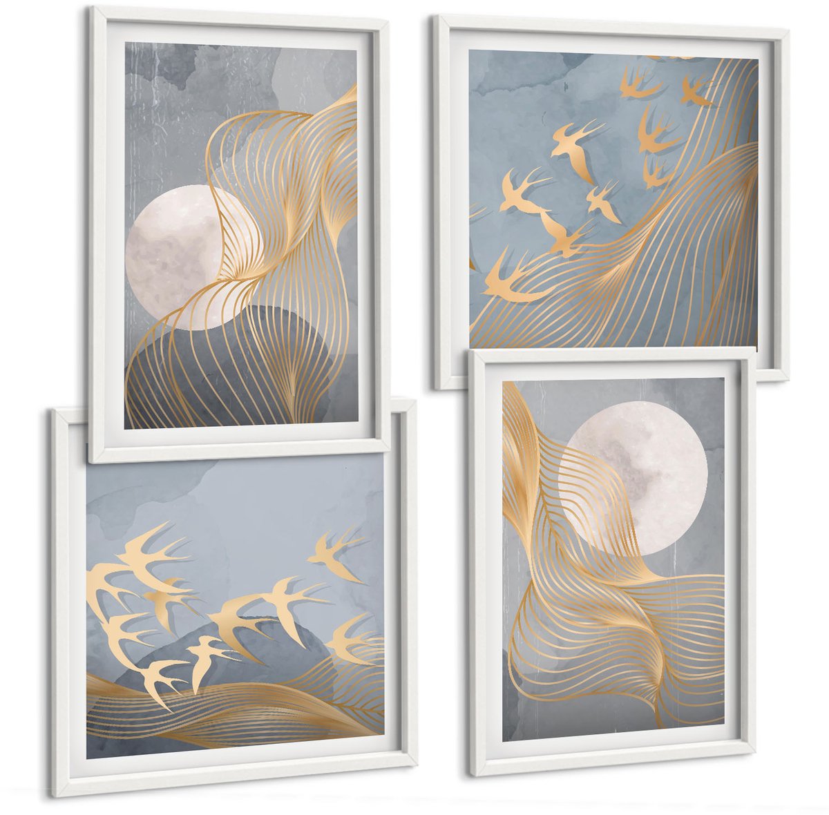 Tulup 4-Delige Schilderij Set - Abstracte patronen met golven en cirkels op een grijze achtergrond. - 40x40 en 40x60 - Muurdecoratie - Wanddecoratie - Hal - Interieur Decoratie