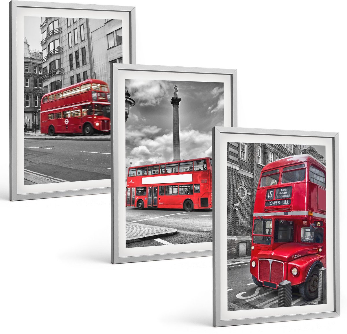 TULUP 4-Delige Schilderij Set - Rode bussen in het Londense stadslandschap - 40 x 60 cm - Decoratieve Muurdecoratie - Slaapkamer - Decoratieve Schilderijen Zilveren lijst