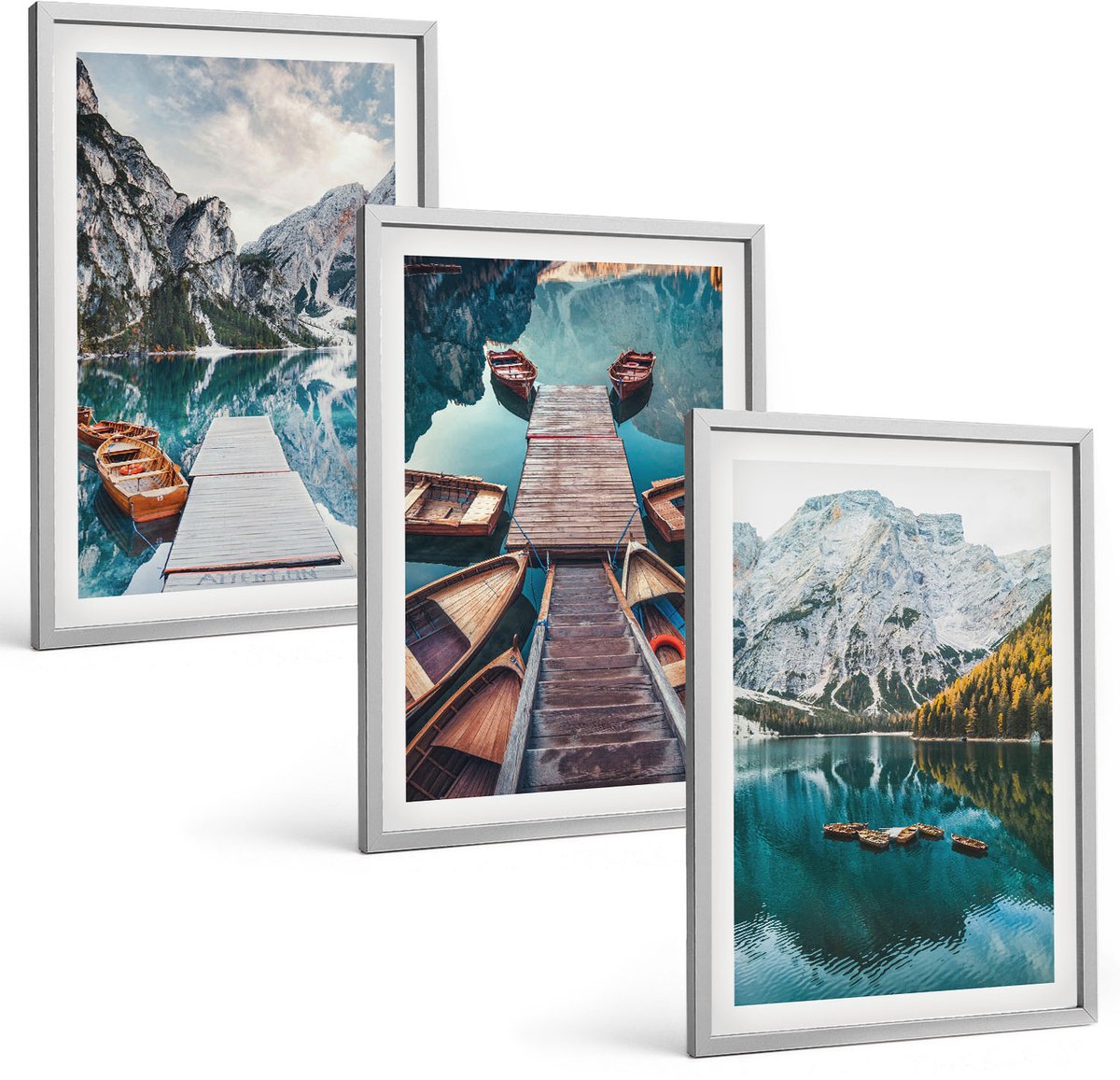 TULUP 4-Delige Schilderij Set - Meer met houten steigers en bergen - 40 x 60 cm - Decoratieve Schilderijen - Wanddecoratie - Hal - Moderne Wanddecoratie Zilveren lijst
