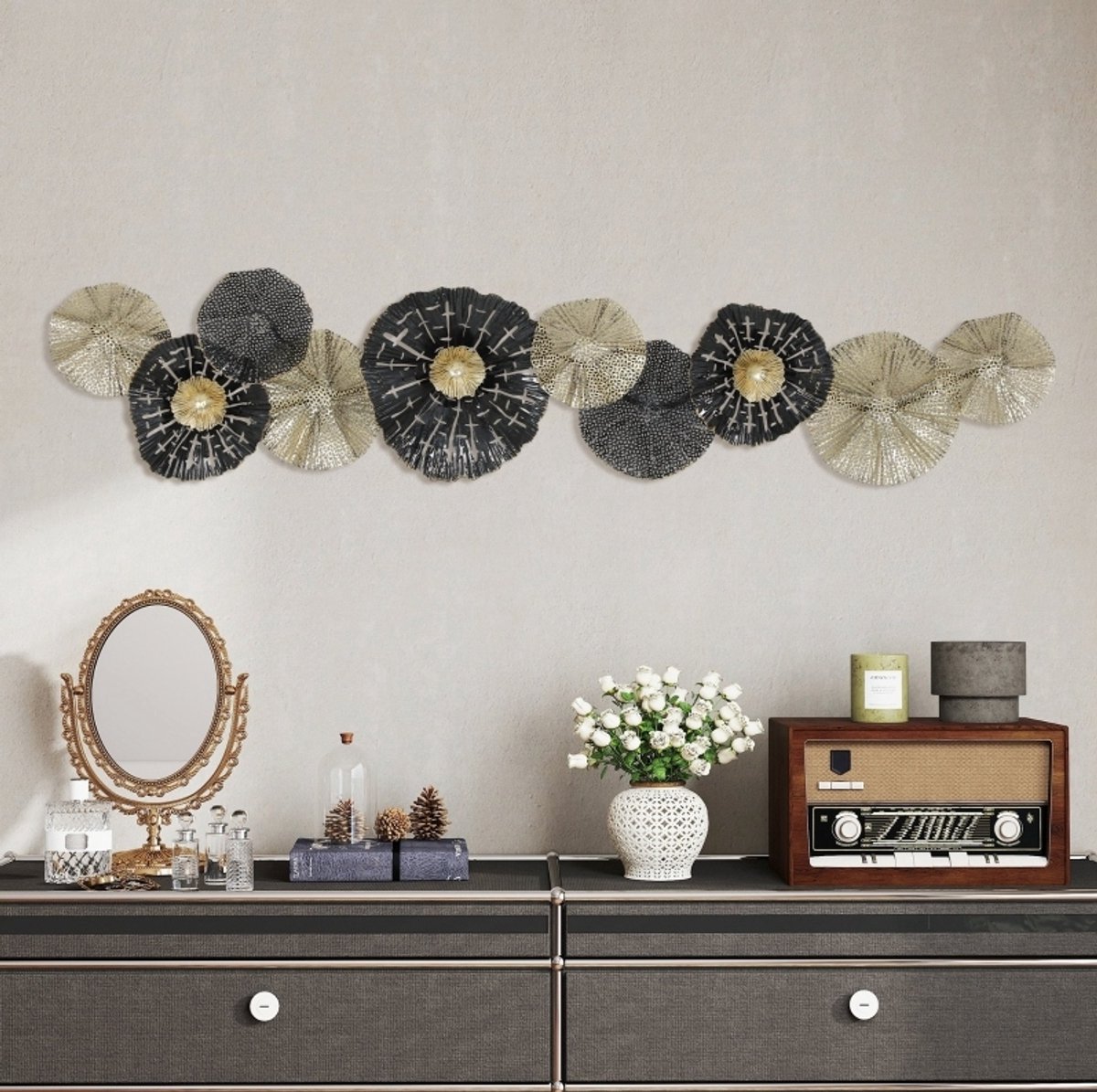 Wandbeeld Modern Met Metalen Frame 134 X 29 Cm Metaal Zwart Goud Abstracte Wanddecoratie Voor Woonkamer Slaapkamer Hal