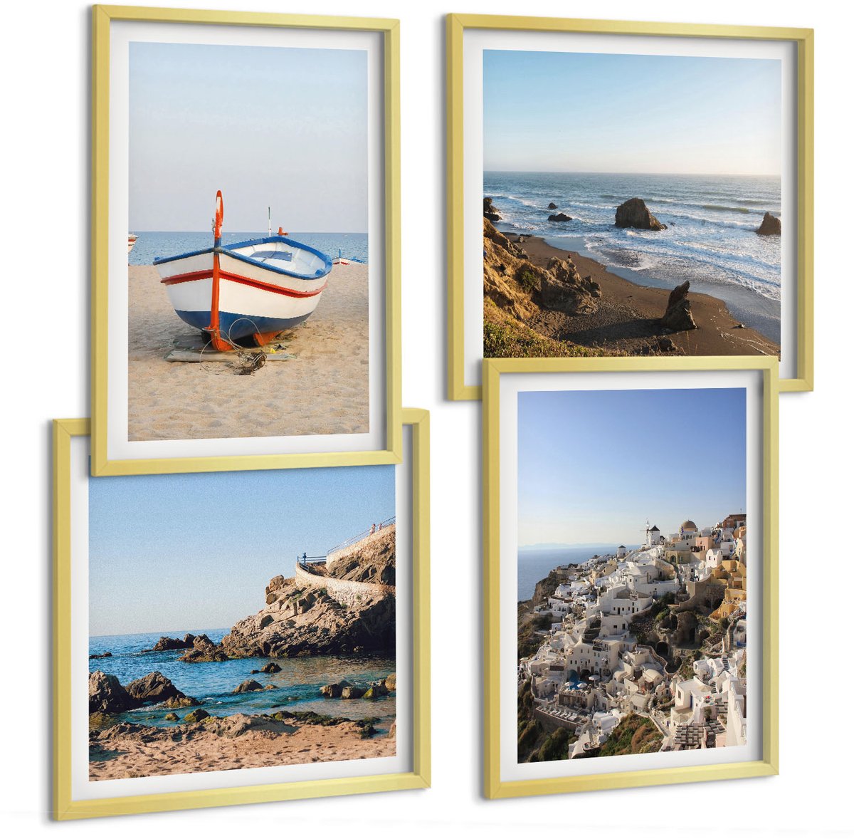 TULUP 4-Delige Schilderij Set - Uitzicht op zee met boten en witte huizen in Griekenland - 40 x 40 cm en 40 x 60 cm - Wanddecoratie - Schilderijen Set - Kantoor - Muurdecoratie Gouden lijst