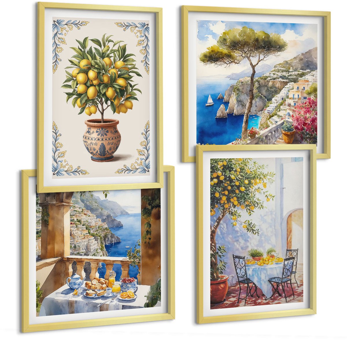 TULUP 4-Delige Schilderij Set - Zeezicht met citroenboom en tuintafel - 40 x 40 cm en 40 x 60 cm - Muurdecoratie - Interieur Decoratie - Moderne Wanddecoratie Gouden lijst