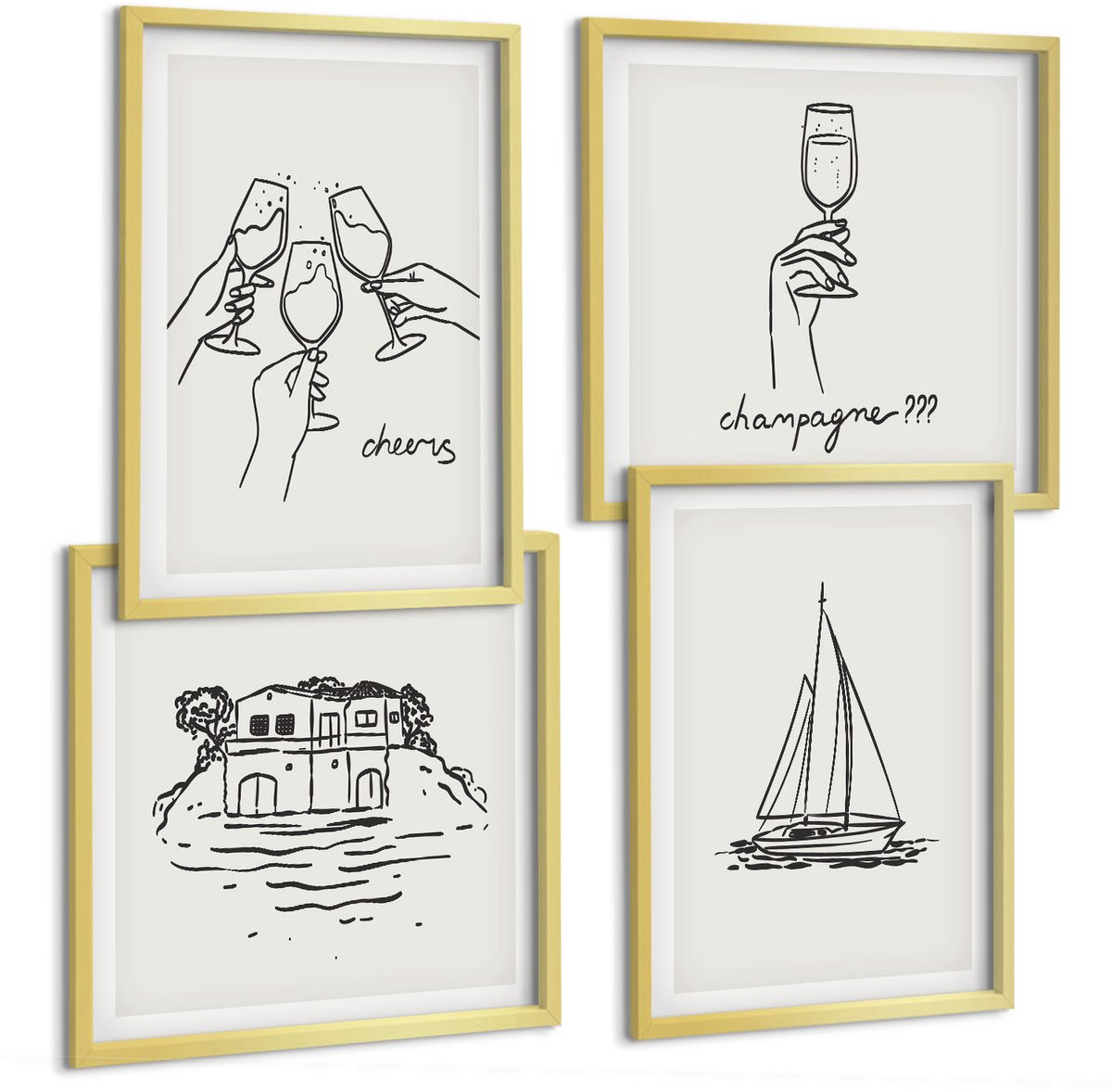 TULUP 4-Delige Schilderij Set - Uitzicht op het water, een huis dat proost met glazen en een zeilboot. - 40 x 40 cm en 40 x 60 cm - Decoratieve Schilderijen - Woonkamer - Interieur - Muurdecoratie Gouden lijst
